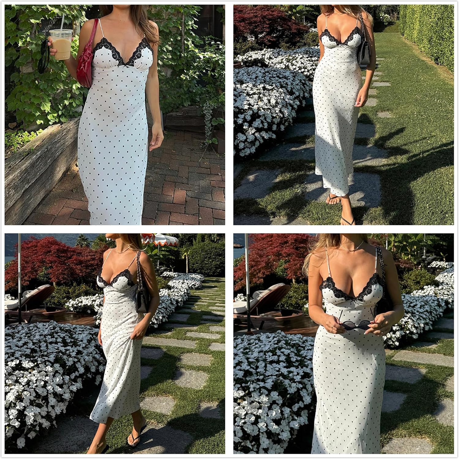 Women's Sexy Lace V Neck Polka Dot Sleeveless Flowy Long Maxi Dress Elegant Cocktail Party Gown Vacation Dresses
