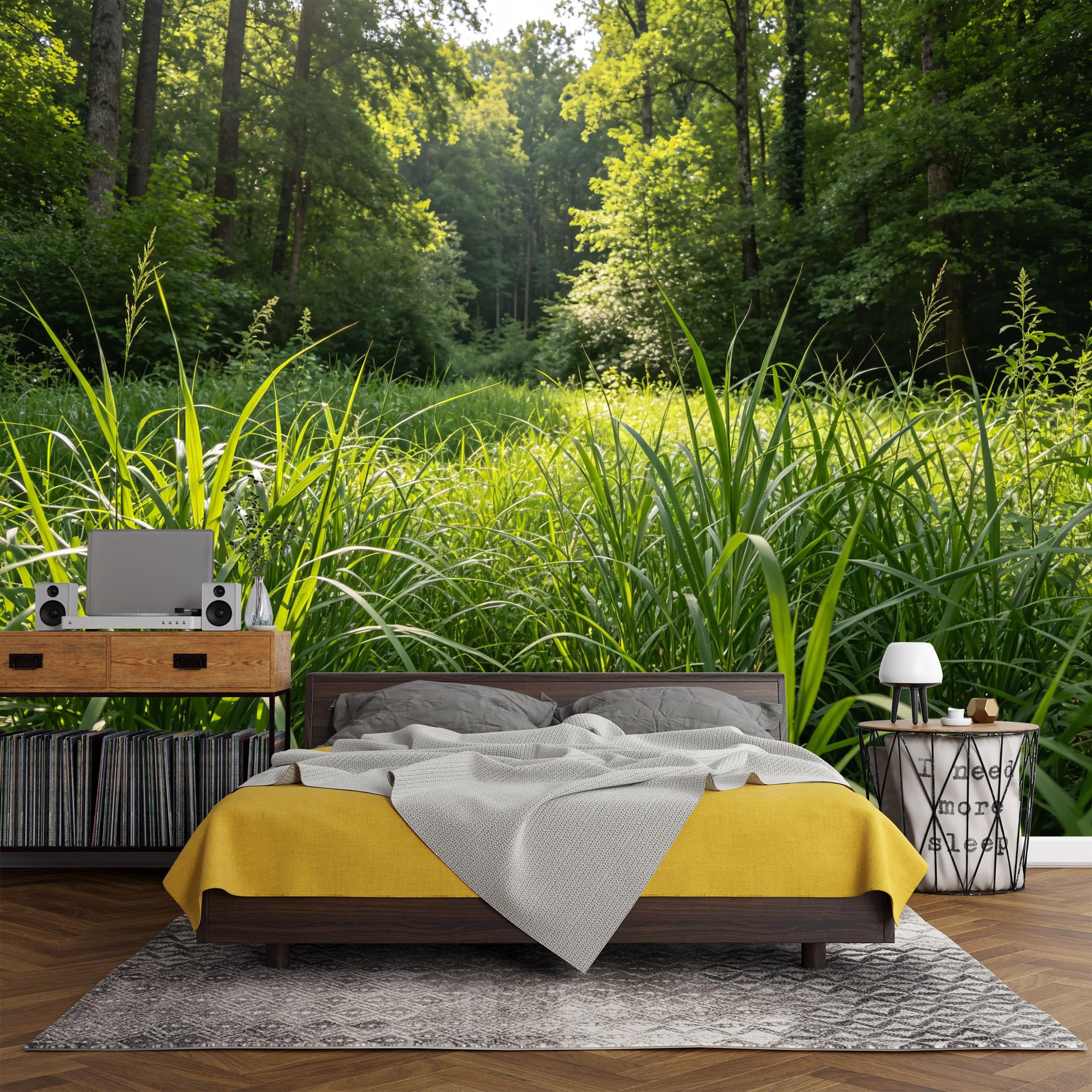 Custom Size Wall Mural， Forest Meadow Sunlight Green Foliage Nature Landscape，SelfAdhesive Art Prints wall Fabric (No PVC) Removable Wallpaper Living Room Decor