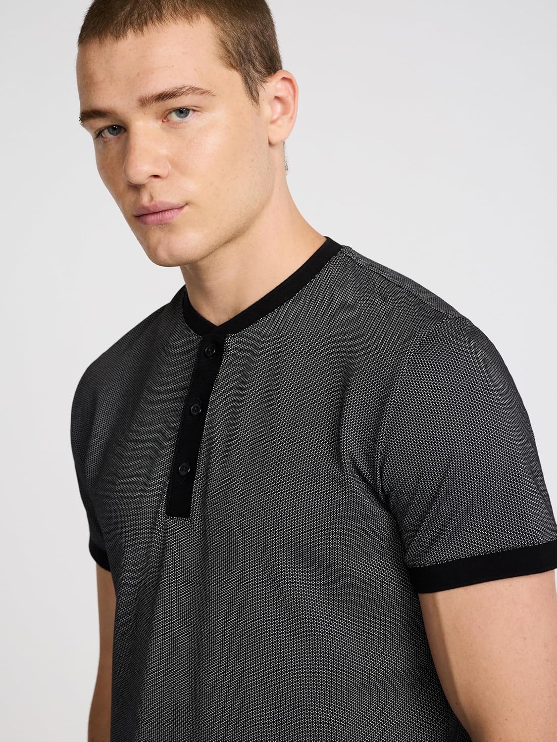 EXPRESS Men’s Everyday Performance Henley – Short Sleeve Mini-Geo Textured Knit with Moisture-Wicking Stretch Fabric - Image 3