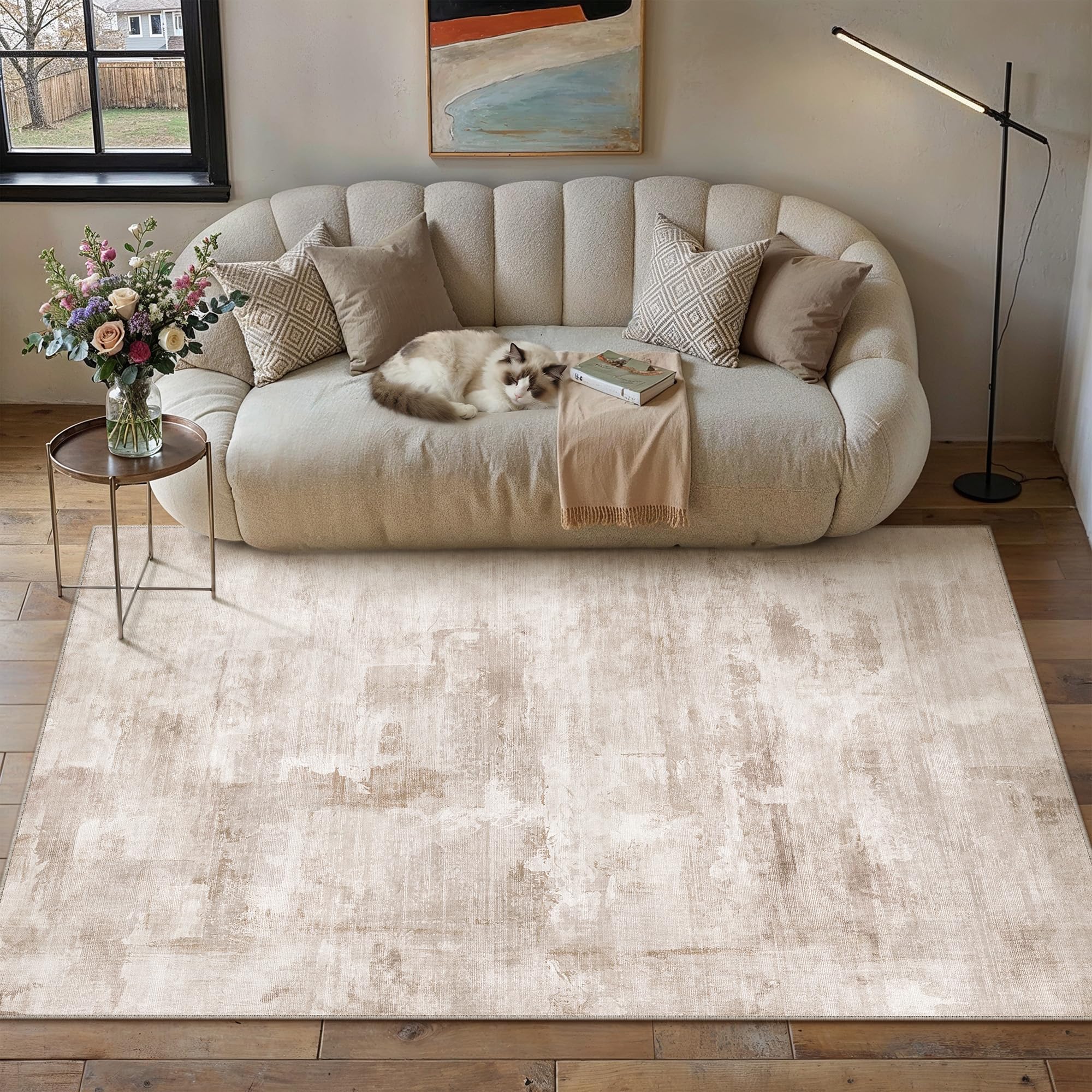 PureCozy Rugs Living Room Rug 120x170cm Beige Brown Washable Non Slip Abstract Natural Neutral Modern Large Carpet Bedroom Lounge Bedside Kitchen Hall Low Pile Carpets