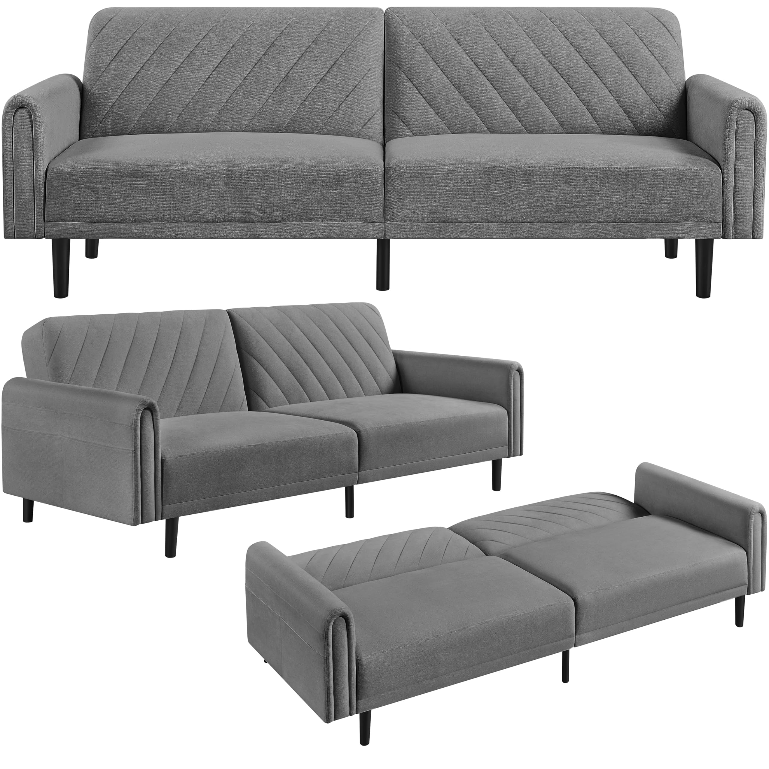 Divano Letto Kirby 3 Posti - Clik Clak In Tessuto Grigio Con Schienale Regolabile - Foto 8