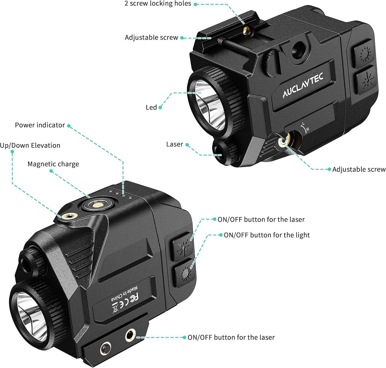 AUCLAYTEC Tactical Flashlight with Laser Sight Combo with Magnetic Charging, 500 Lumen Strobe for Glock or Picatinny (MIL-STD-1913) Rails Pistol Light（Green Laser）