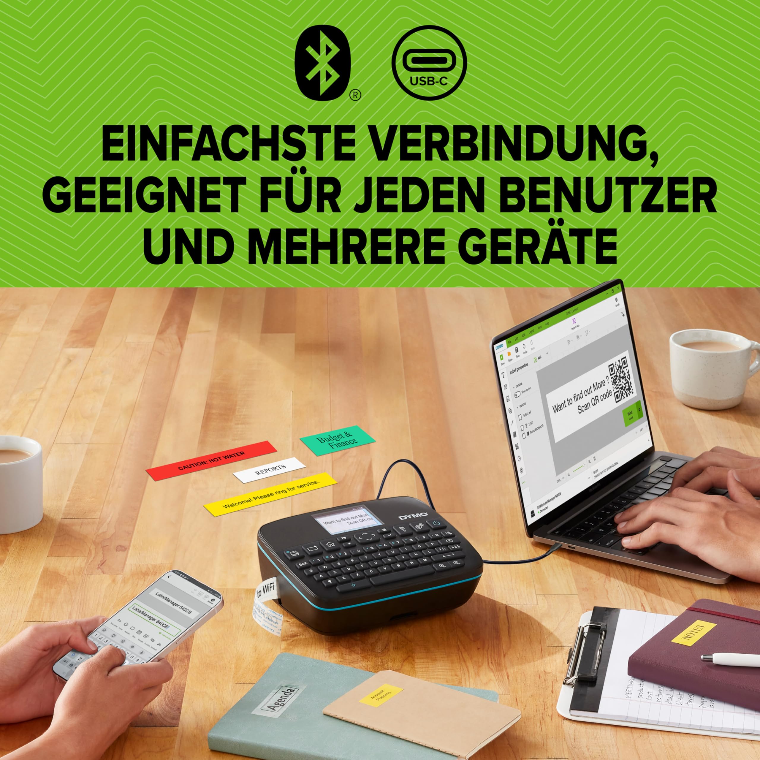 DYMO LabelManager Executive 640CB - Stampante per etichette portatile con borsa per il trasporto e 3 nastri per etichettatura, con tastiera QWERTZ, connettività Bluetooth e USB, compatibile con D1