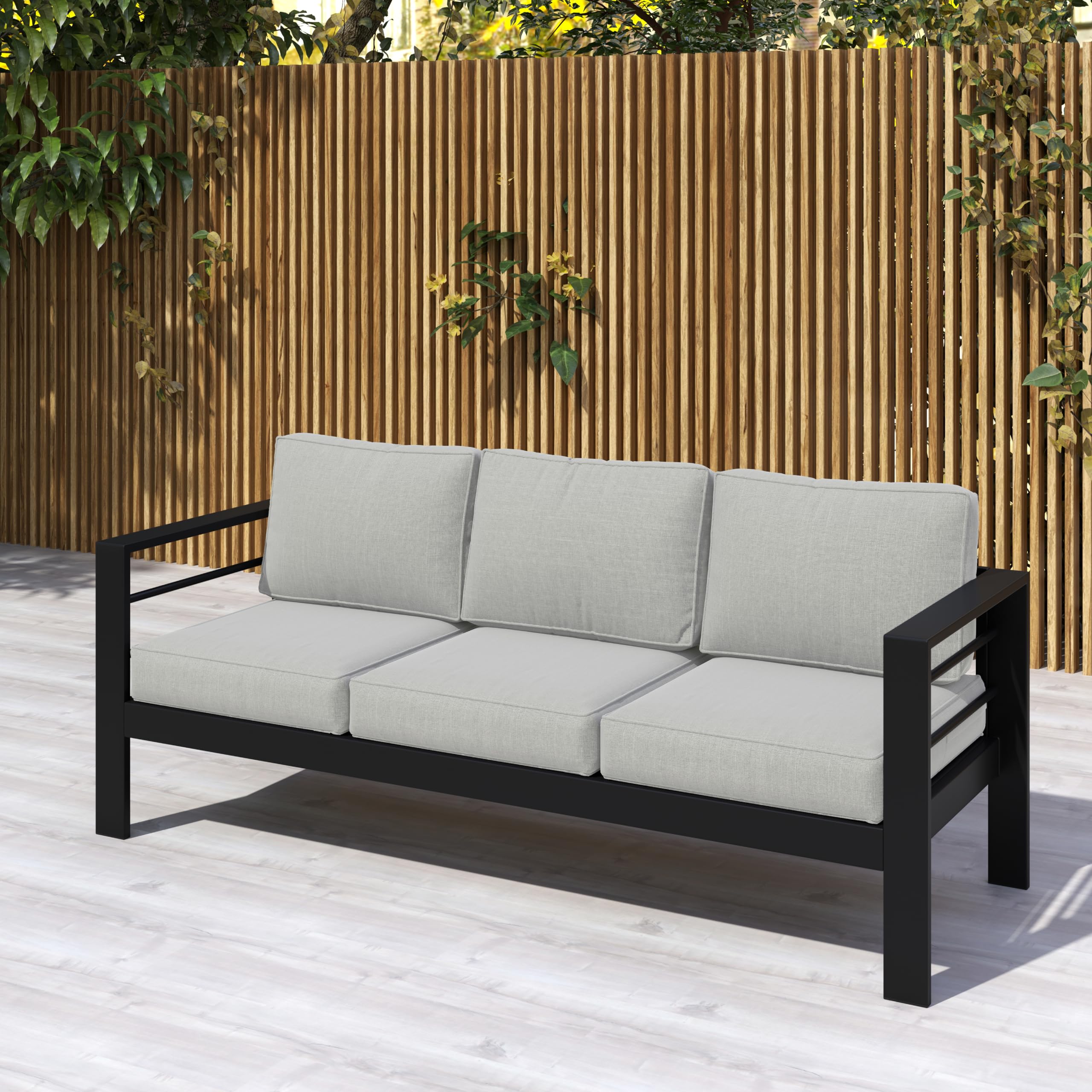 Sofá de aluminio para exteriores, sofá de 3 asientos de metal para todo tipo de clima, cojín suave y grueso de 5 pulgadas y brazo ancho, sofá al aire libre para balcón, porche 7