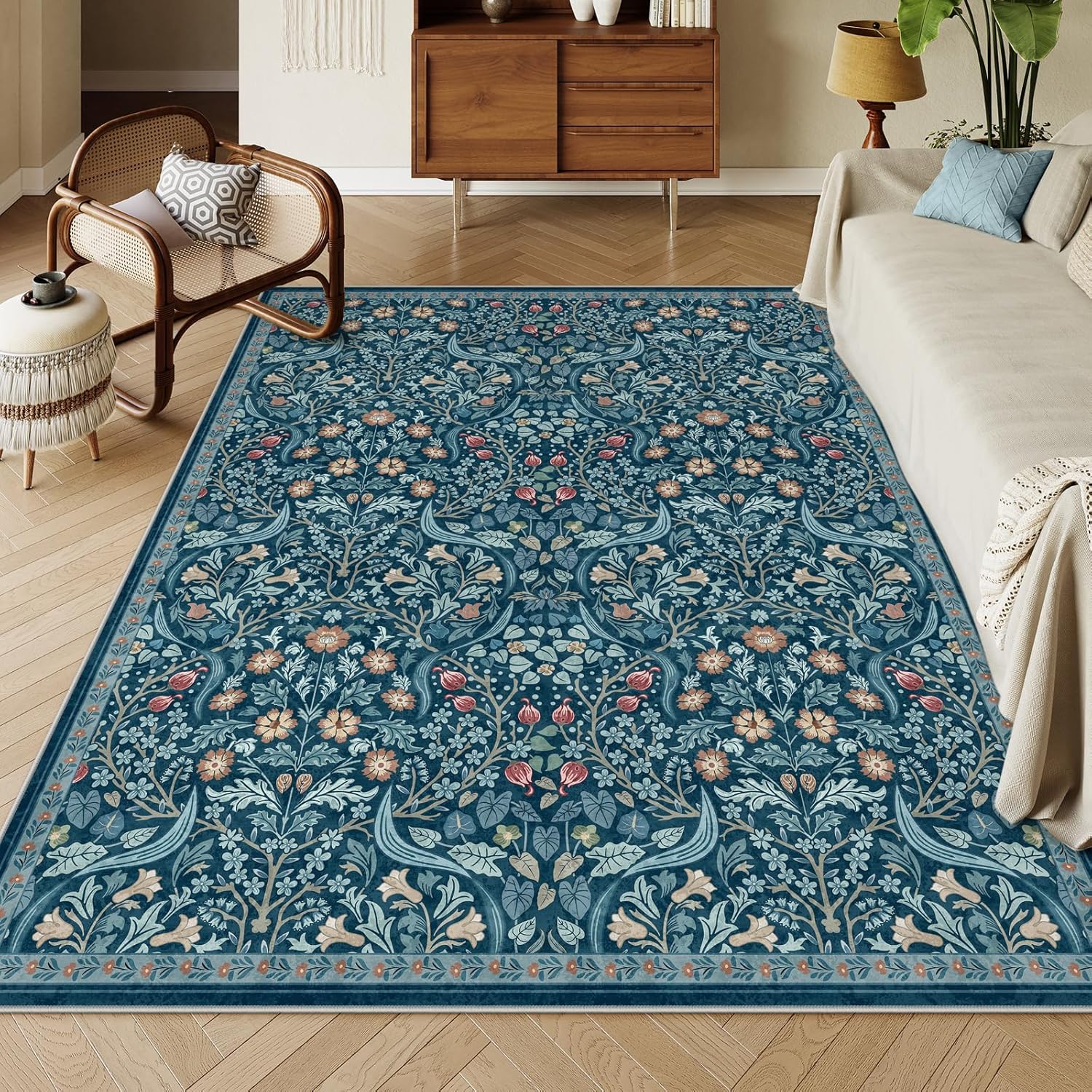 Moynesa Floral Washable 8x10 Rug, Large Area Rugs for Living Room, Soft 8 x 10 Boho Bedroom Rugs, Non Slip Botanical Ultra Thin Floor Carpet for Dining Room Nursery, Teal 8' x 10' (Rectangular) Teal