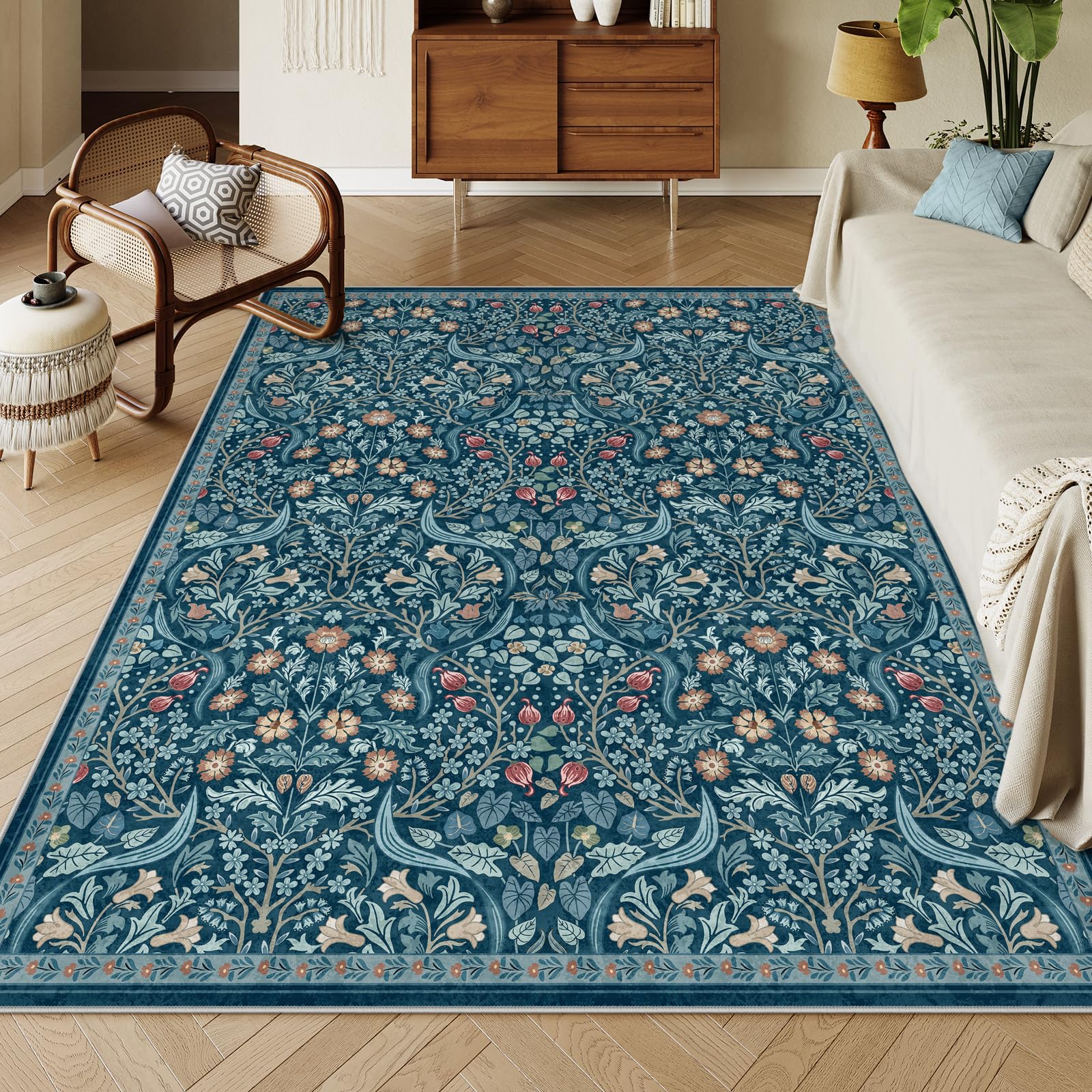 Moynesa Floral Washable 8x10 Rug, Large Area Rugs for Living Room, Soft 8 x 10 Boho Bedroom Rugs, Non Slip Botanical Ultra Thin Floor Carpet for