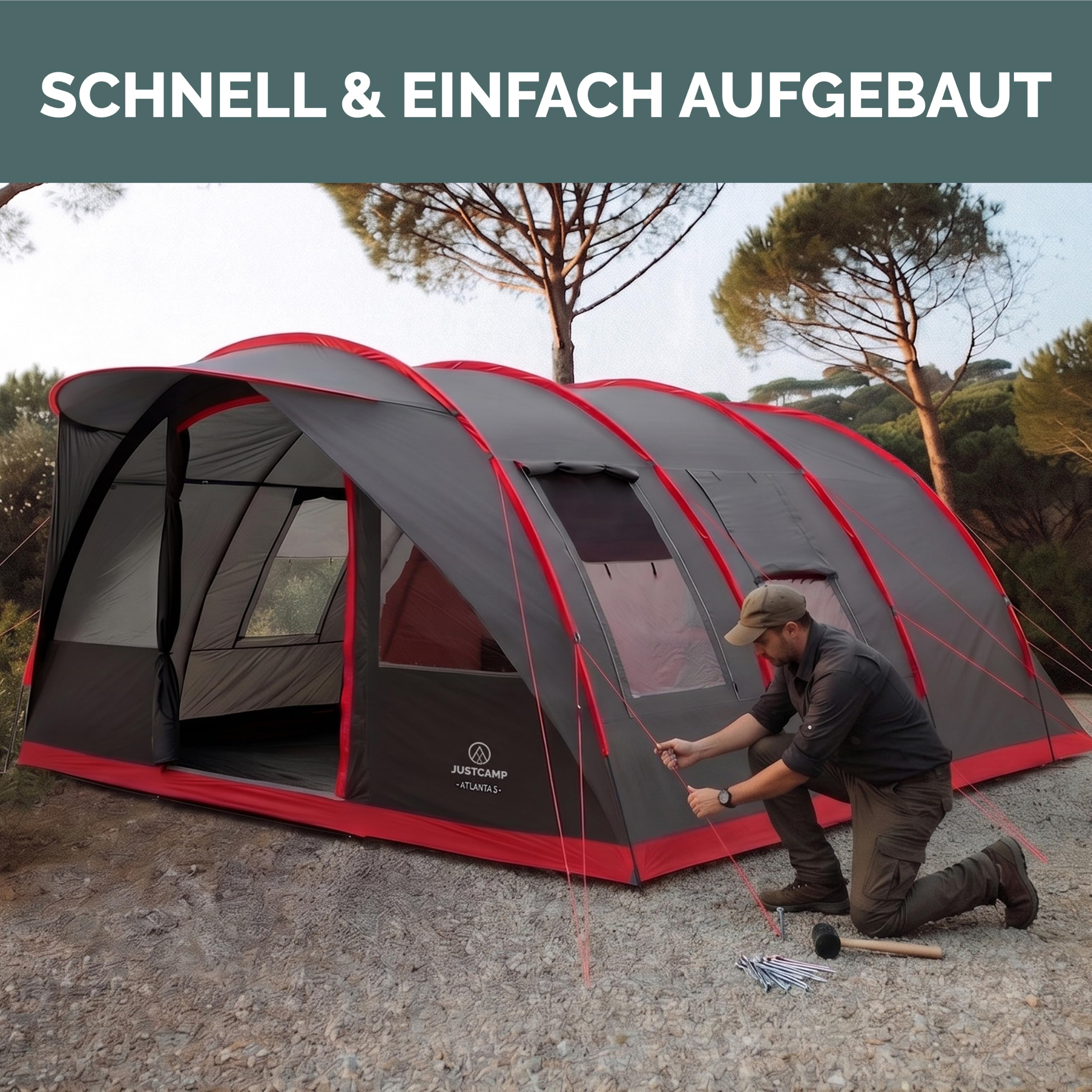 JUSTCAMP Atlanta 3-7 Personen Familienzelt Tunnelzelt mit Stehhöhe wasserdicht Campingzelt