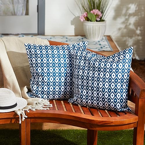 Miniatura 4 de DII Colección de fundas de almohada de poliéster repelente al agua para exteriores, reversible, 18x18, Ikat azul, 2 piezas