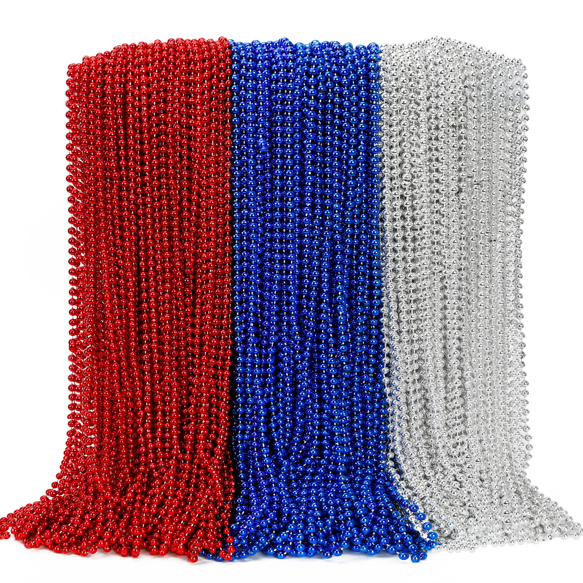 100PCS 4th of July Accessories, Veterans Day Beads Necklace Bulk, Fourth of July Red Blue Silver Necklace Party Favors, Beads for Veterans Day Patriotic Parade Party Celebration Favors Decorations Red Silver and Blue