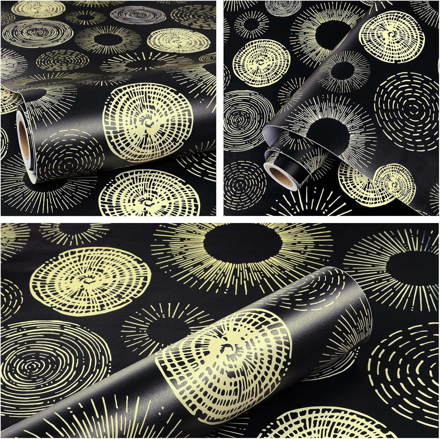 ReWallpaper 17.5inX23ft Modern Geometric Peel and Stick Wallpaper Black and Gold Wall Paper for Bedroom Removable Art Deco Wallpaper Black Gold Sunburst Tree Ring Self Adhesive Wall Covering for Walls