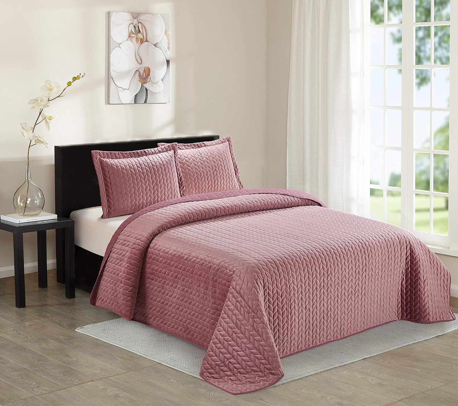 3 Piece Full/Queen Size Velvet Modern Quilted Warm Cozy Coverlet Bedspread Set Solid Rose Cozy Soft Touch Over Size 95" X95" New