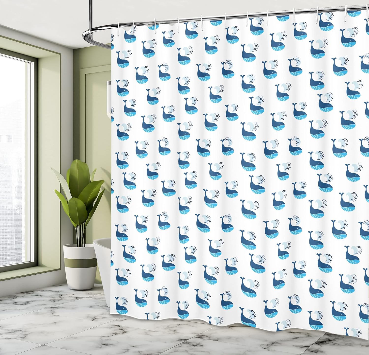 Ambesonne Modern Shower Curtain, Whale Fish Swimming in The Ocean Sea Fins Marine Underwater Design, Cloth Fabric Bathroom Decor Set with Hooks, 69" W x 75" L, Sky Blue