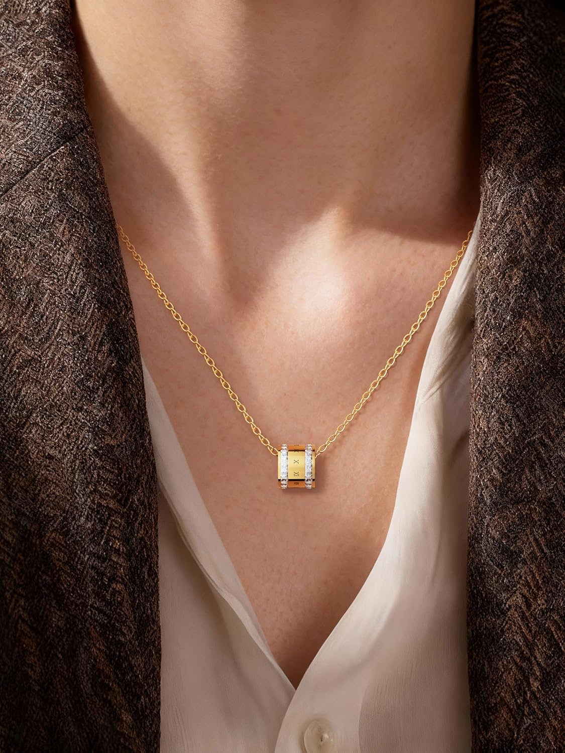 18K Gold -Plated Necklace For Women,Elegant Gold Chain Necklace with Crystal-Accented Cylinder Pendant - Image 4