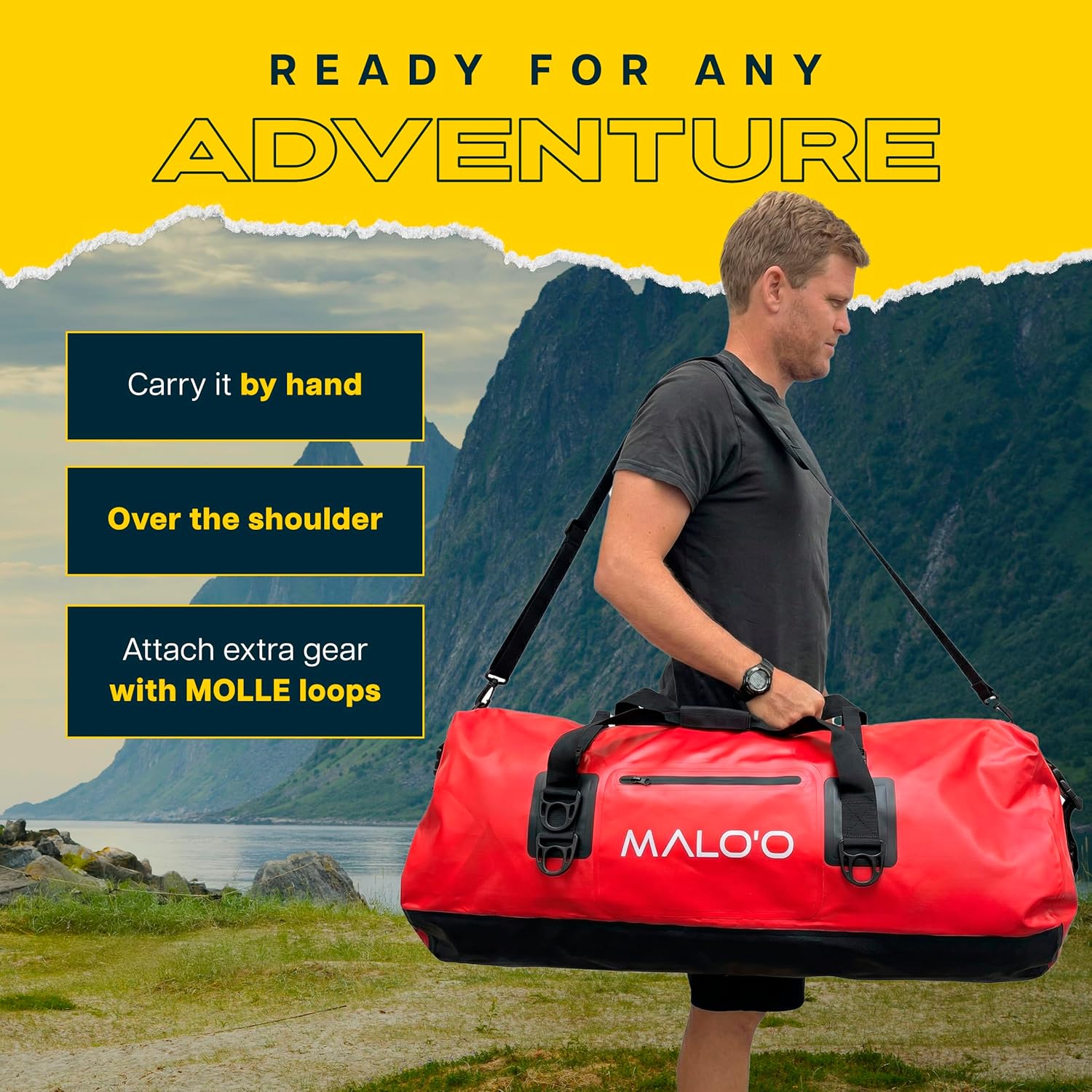 Malo’o Waterproof Dry Duffel, Heavy-Duty Roll Top Waterproof Gear Bag with Shoulder Strap & Molle Loops, Marine Duffel for Kayaking, Boating, Camping, Beach & Travel, Red, 100L