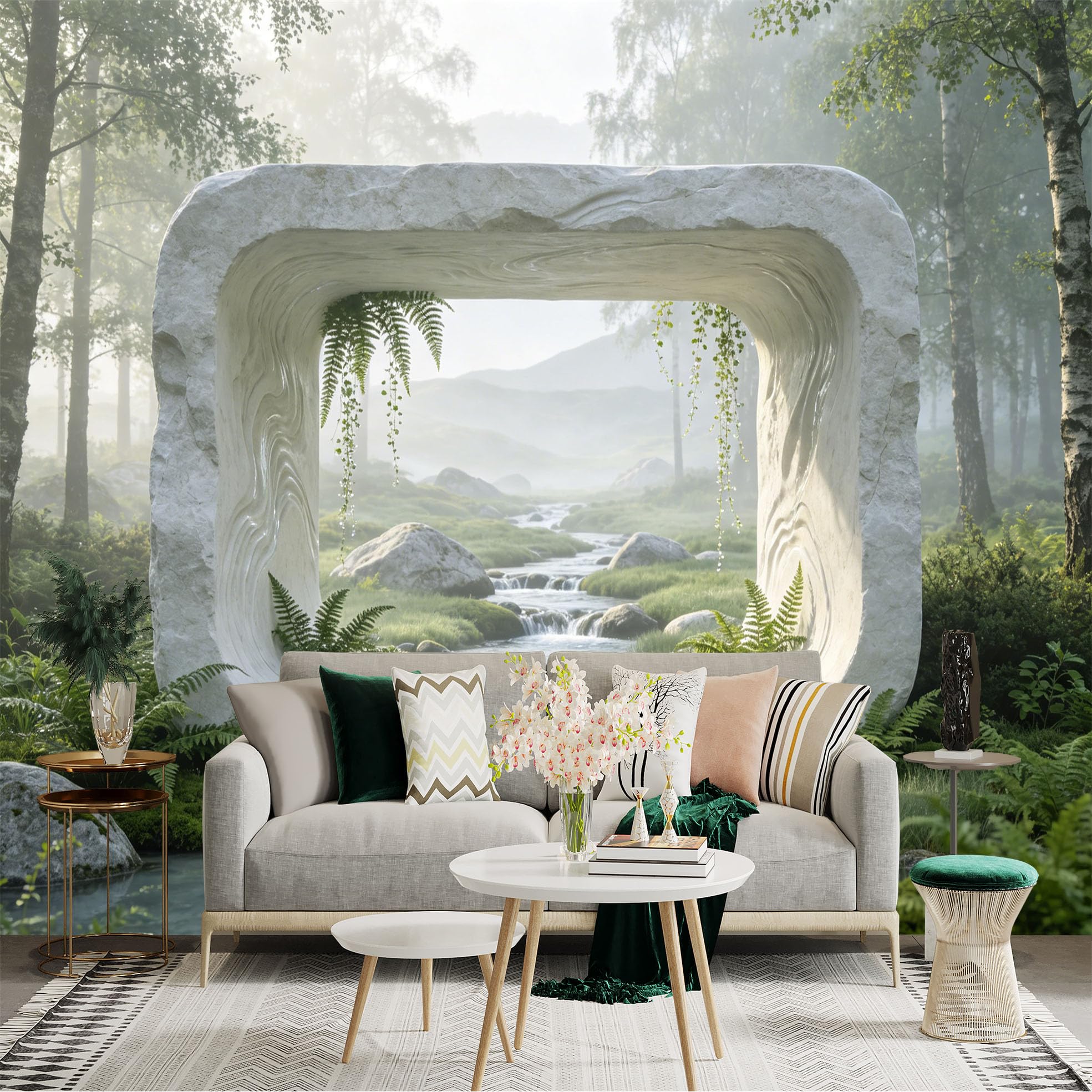 Custom Size Wall Sticker Mural， Stone Frame with Waterfall Stream， Ferns and Misty Forest Landscape， for wall Decoration， peelandstick wall Decals.