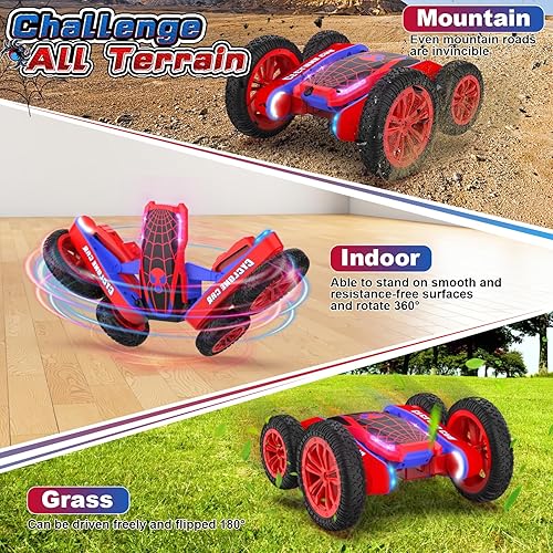 Miniatura 4 de Spider - Auto de control remoto para niños  2.4 GHz rápido RC Stunt Cars, 360 giratorio 4WD RC Crawler con luces, juguete recargable para niños de 6