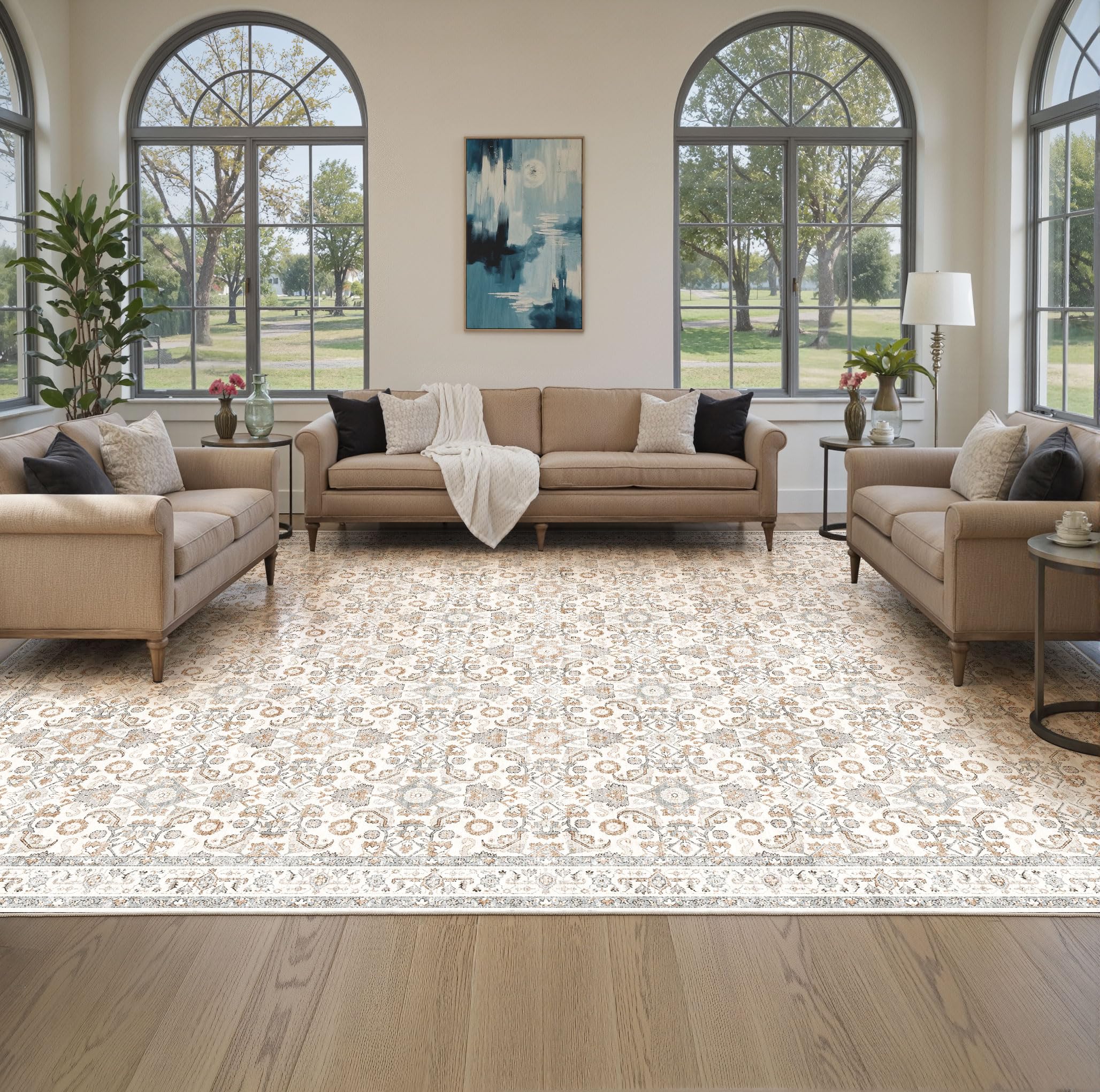 WITSHOCK Living Room Area Rugs 10x13 Soft Non-Slip Backing Washable Rugs Vintage Large Carpet for Bedroom Office Dining
