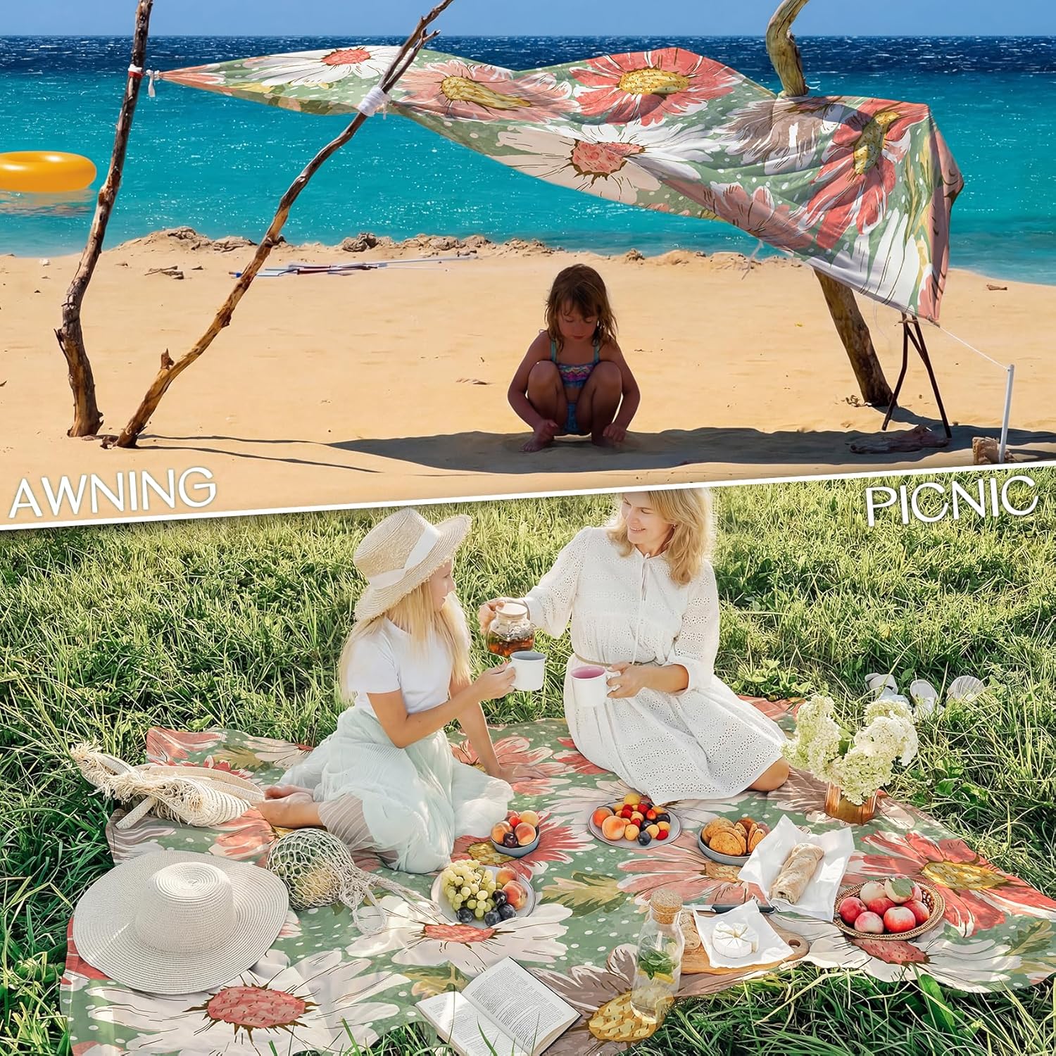 BYDOLL Beach Blanket Waterproof Sandproof Flower 78''×110'' 1-7 Adults Oversized Lightweight Large Picnic Mat Waterproof Sandproof Blanket for Beach Camping Hiking