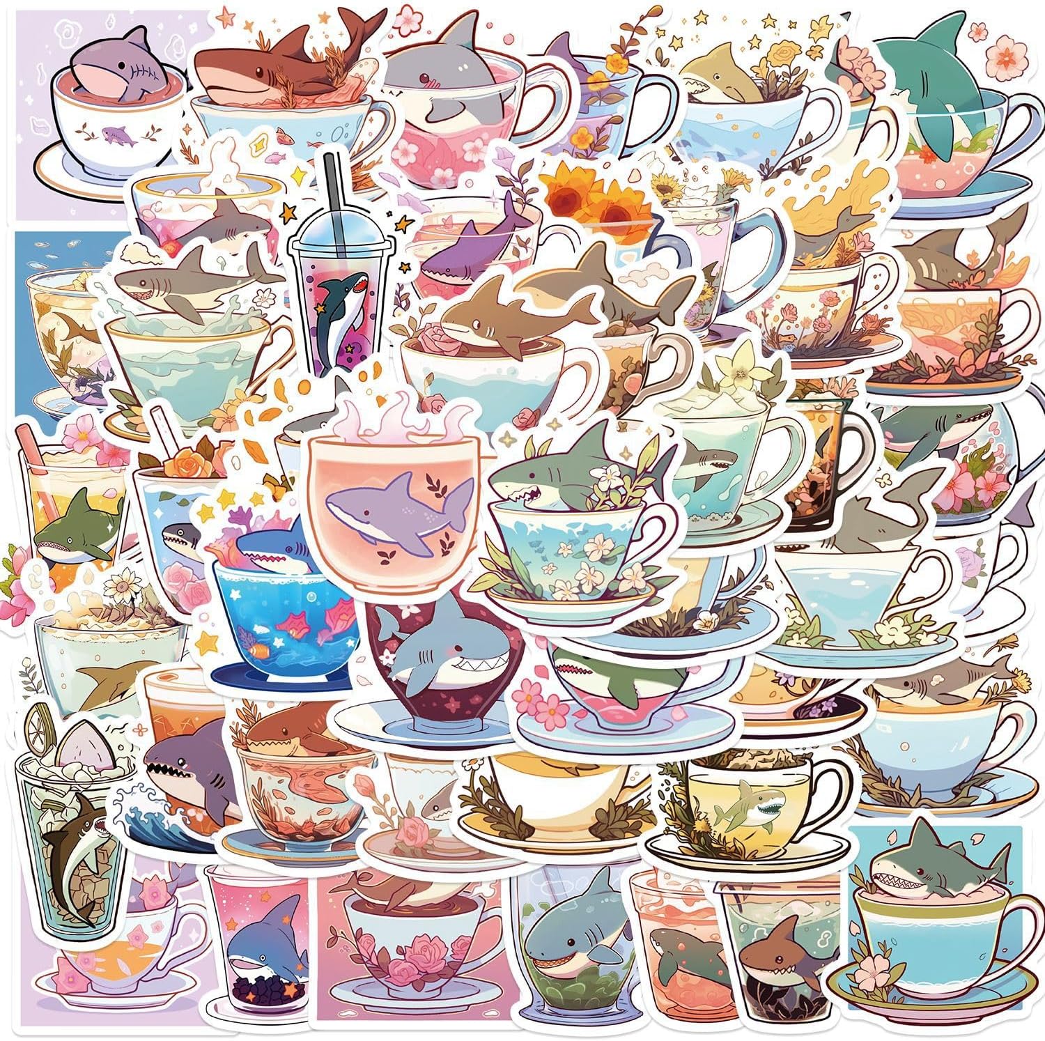 Shark Cup Stickers 50 Pcs Waterproof Cute Shark Sticker for Laptop Skateboard Water Bottle Luggage Computer Hydro Flask Phone Car Bike,Vinyl Aesthetic Cup Stickers for Teens Kids Adults
