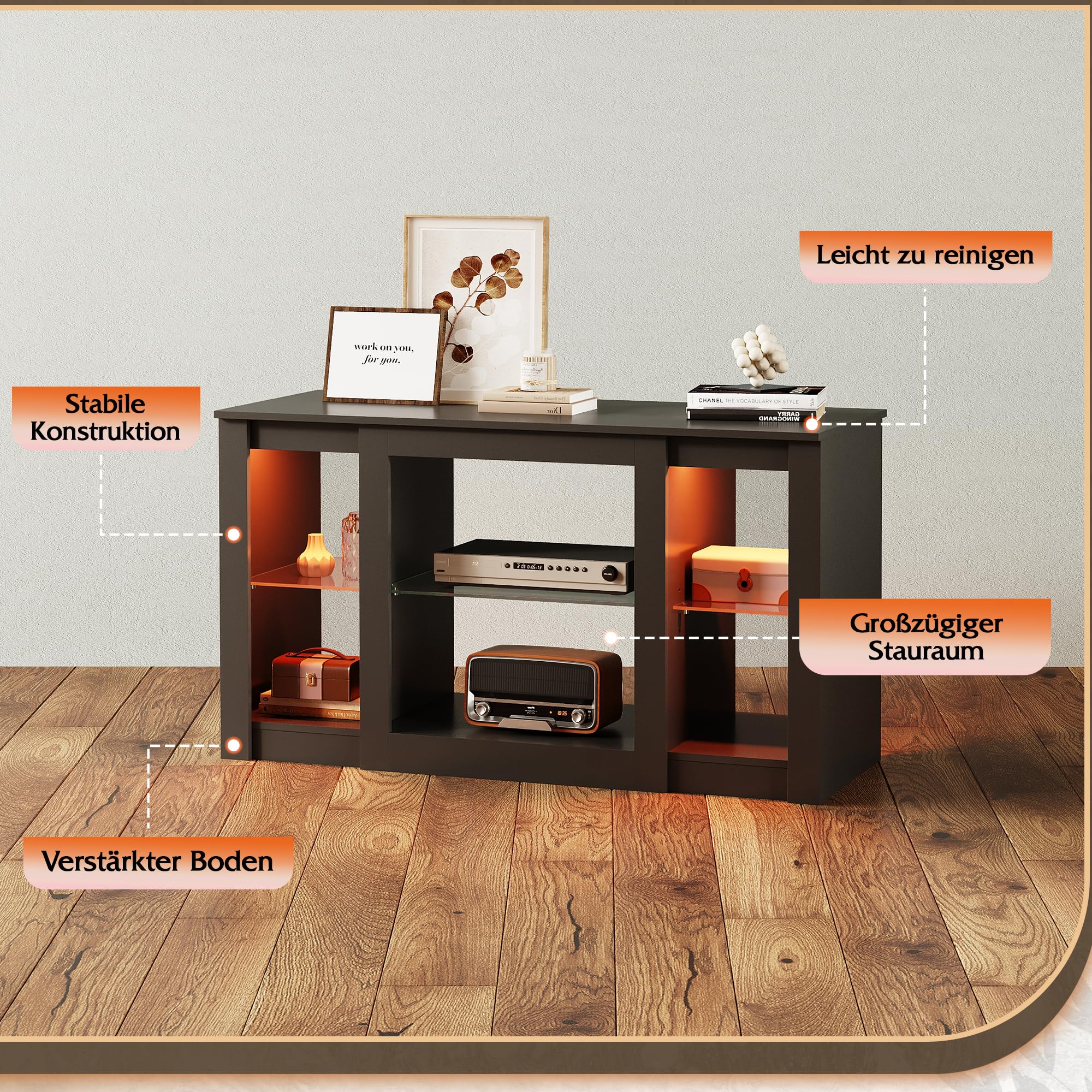 WLIVE TV Schrank, Lowboard Schwarz mit 22 Farben RGB Fernsehschrank, Fernsehtisch Klein mit Verstellbaren Glasböden, Sideboard für Wohnzimmer Schlafzimmer, Schwarz, 100 x 40 x 56 cm