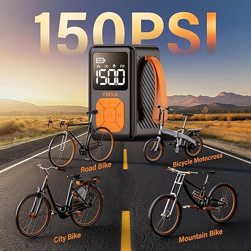 Miniatura 5 de Mini bomba de bicicleta, bomba de bicicleta portátil de 150 PSI con manómetro, bomba eléctrica de neumáticos de bicicleta 4 veces más rápida con