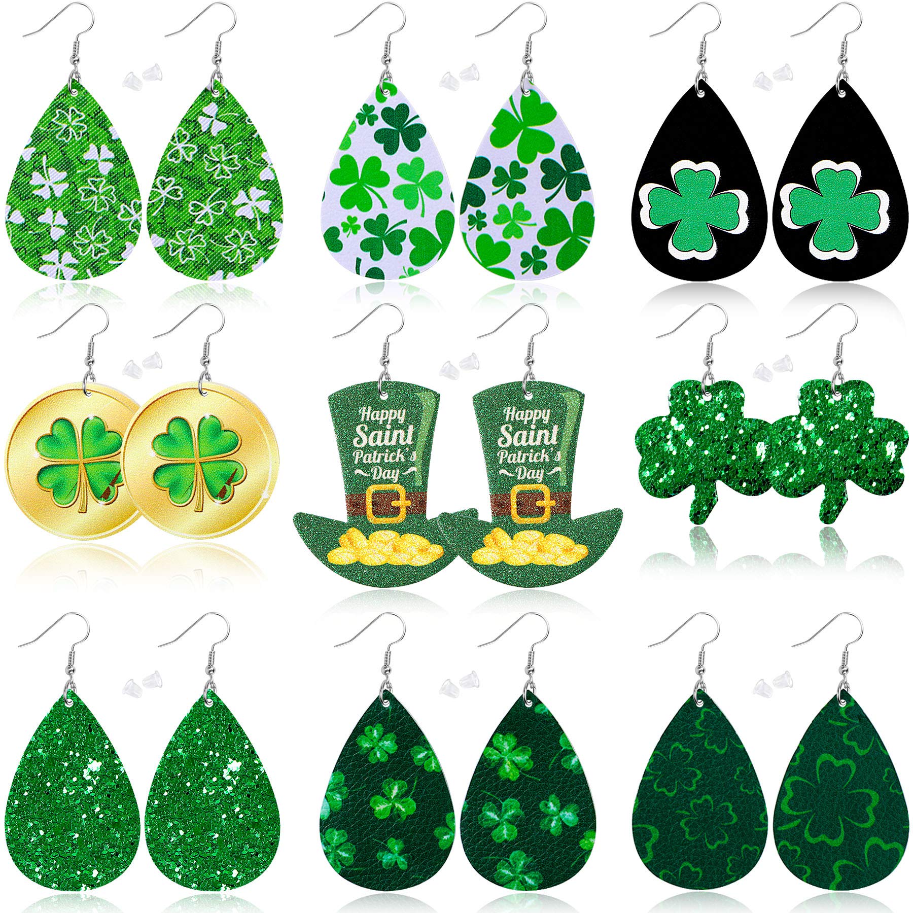 9 Pairs St Patrick's Day Pairs Faux Leather Earrings for Women Lightweight Leaf Long Dangle Earrings Teardrop Earrings