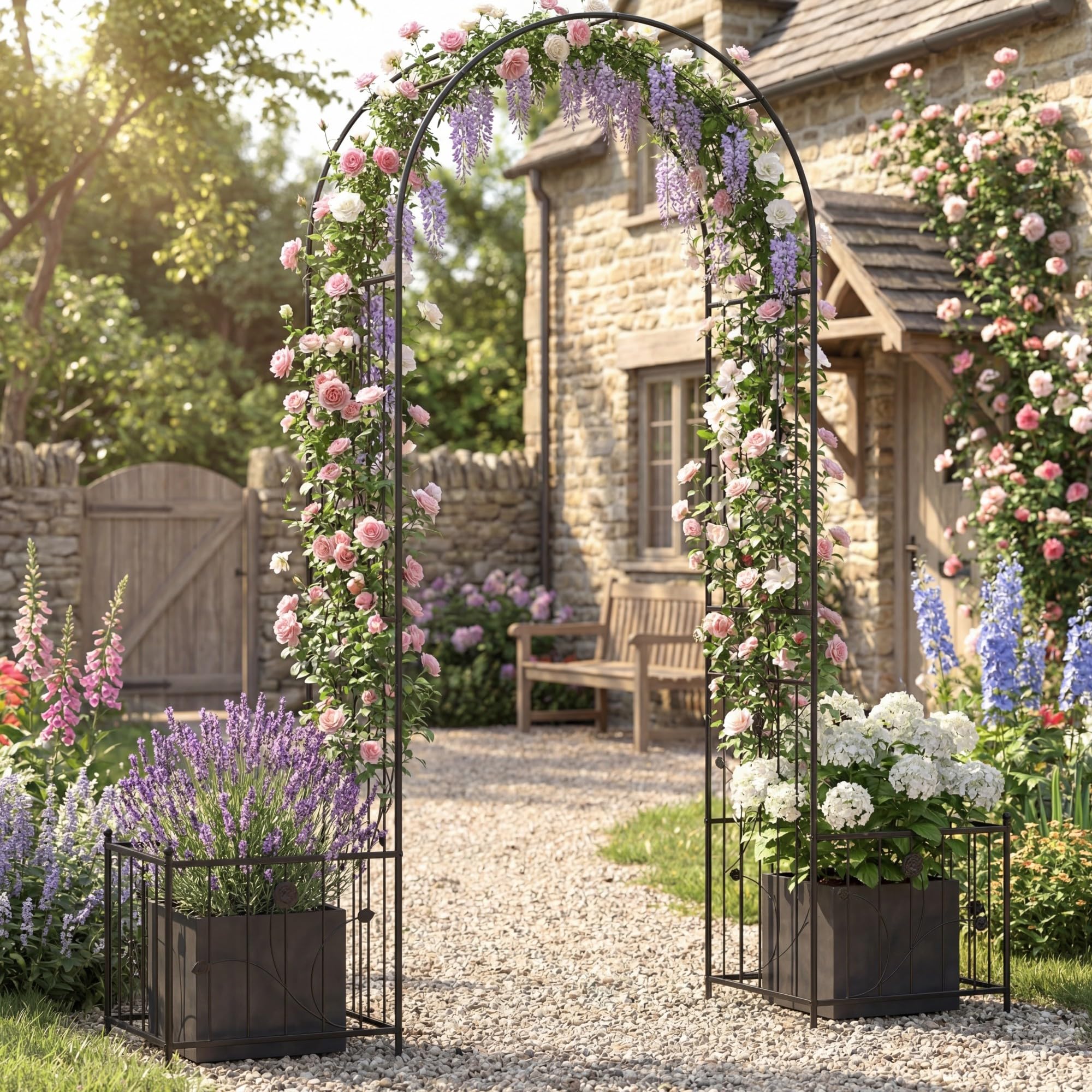 GYMAX Arche de Jardin avec 2 Jardinières, Treillis Métallique avec Pique pour Plantes Grimpantes & Rosiers, Arche de Rose avec bac à Fleurs, pour Mariage, Pelouse, Arrière-Cour
