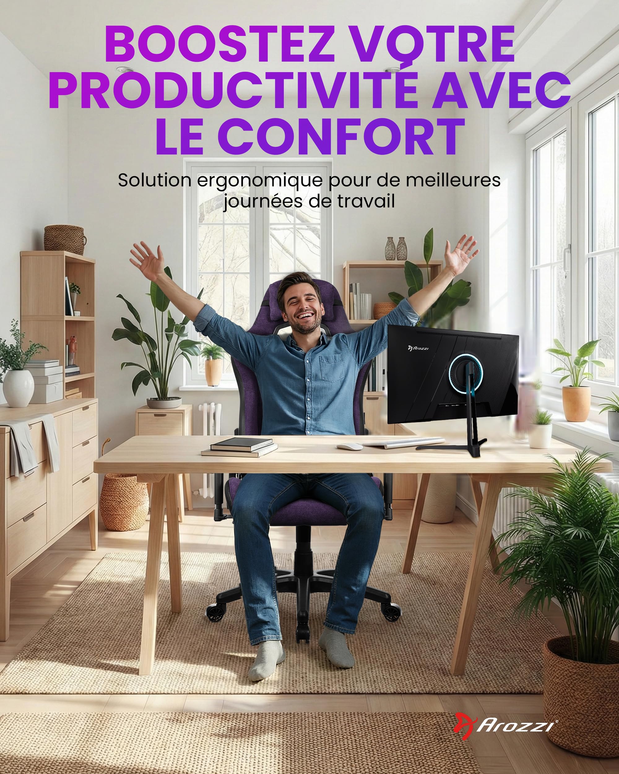 Arozzi Avanti Chaise Gaming Tissu Doux Violet | ergonomique, réglable en hauteur, dossier & accoudoirs, coussin de tête, design suédois, télétravail