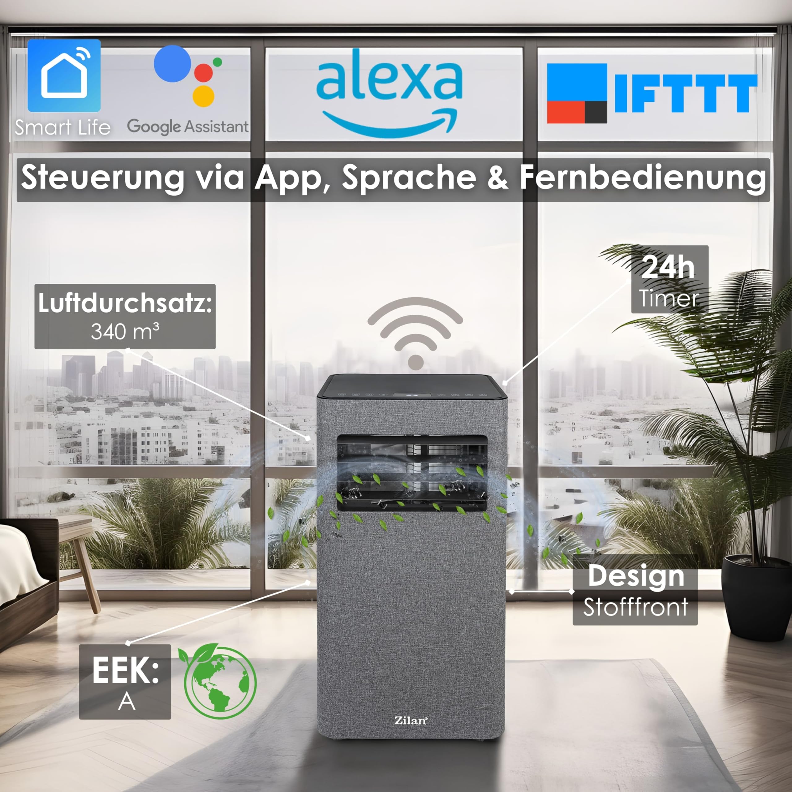 Zilan Mobile Klimaanlage 9000 BTU mit WLAN & Abluftschlauch, 3-in-1 Mobiles Klimagerät – Kühlen, Entfeuchten & Ventilator, leise, inkl. Fensterabdichtung & Fernbedienung, Timer, Wifi App-Steuerung