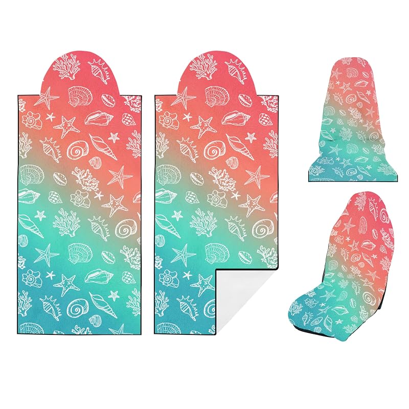 Kit com 2 Capas de Toalha para Banco Dianteiro de Carro Semtomn com Bolso para Encosto de Cabeça, Nylon e Poliéster, Estampa Seashell Starfish