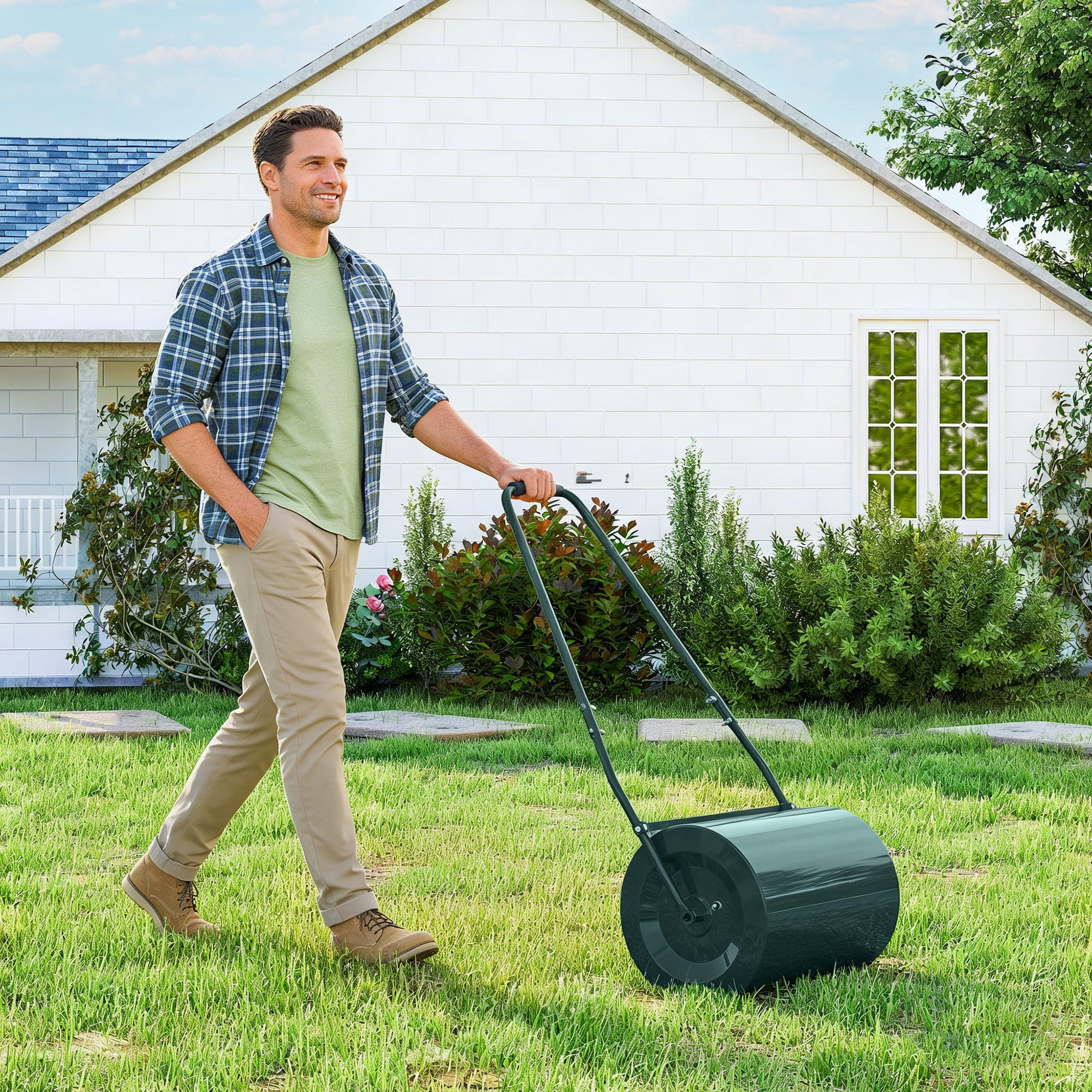 Outsunny Rullo per Prato da 30L di capacità con Maniglia Imbottita, Rullo Giardino in Acciaio Riempibile con Acqua/Sabbia, 102x50x30 cm, Verde Scuro