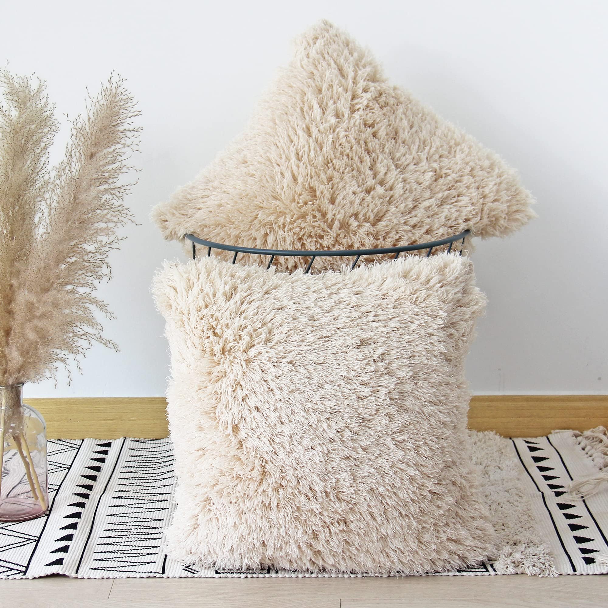 JOJUSISFluffy Decorative Throw Pillows Covers 18x18 Inch Luxury Soft Faux Fur Fleece Cushion Cover Pillowcase Pack of 2 Beige