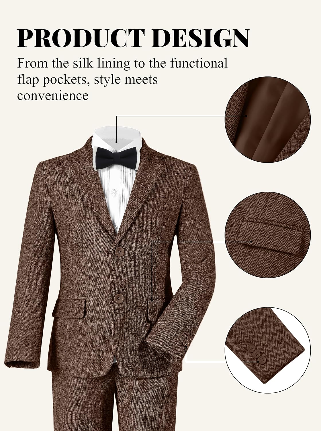 Boys Suit Blazer with Bow Tie Herringbone Sport Coat Formal Retro Tweed Classic Kids Wedding School Jacket for Boy