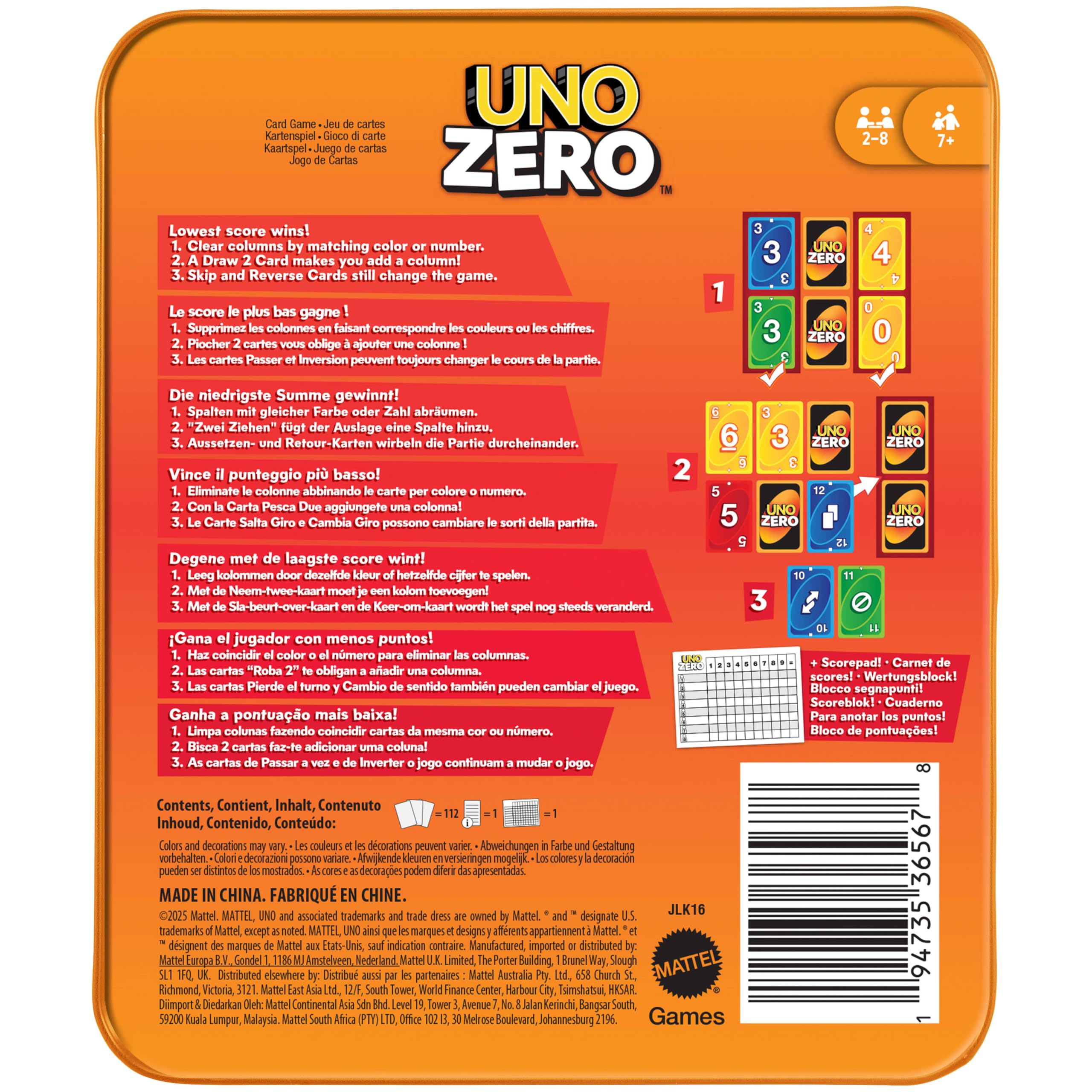 Mattel Games - UNO Zero, Nuova Versione dell'iconico Gioco in Scatola Colorata, Arriva a Zero e Vinci, Blocco segnapunti Incluso, 2-8 Giocatori, Giocattolo per Bambini, 7+ Anni, JLK16