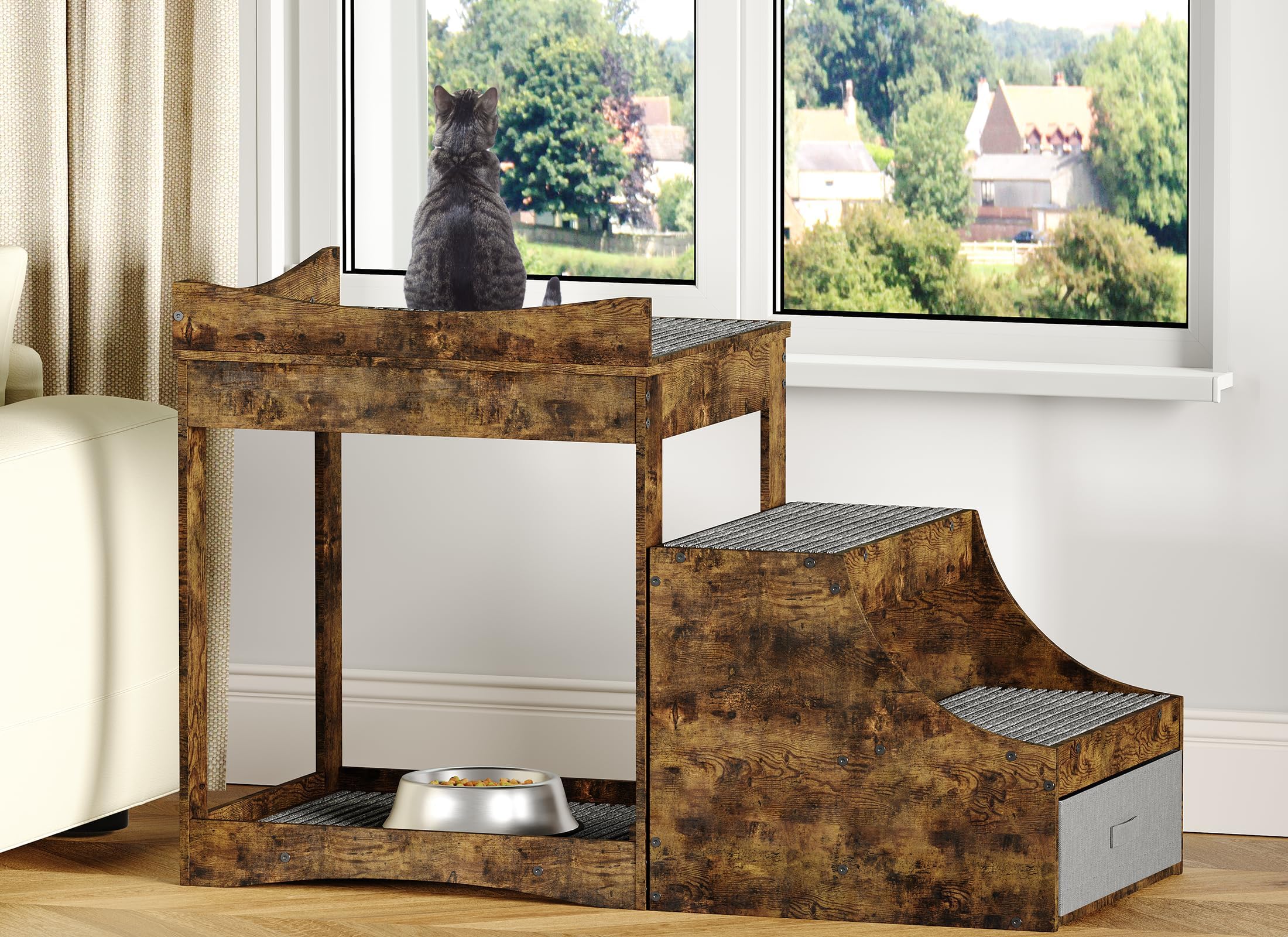 Dog Window Perch, 3 in 1 Dog Bunk Bed with 2 Stairs, Dog Perch with 1 Storage Drawer and 3 Non-slip Cat Scratch Pad, Dog Perch to Look out Window for Cats and Dogs (Brown, L)