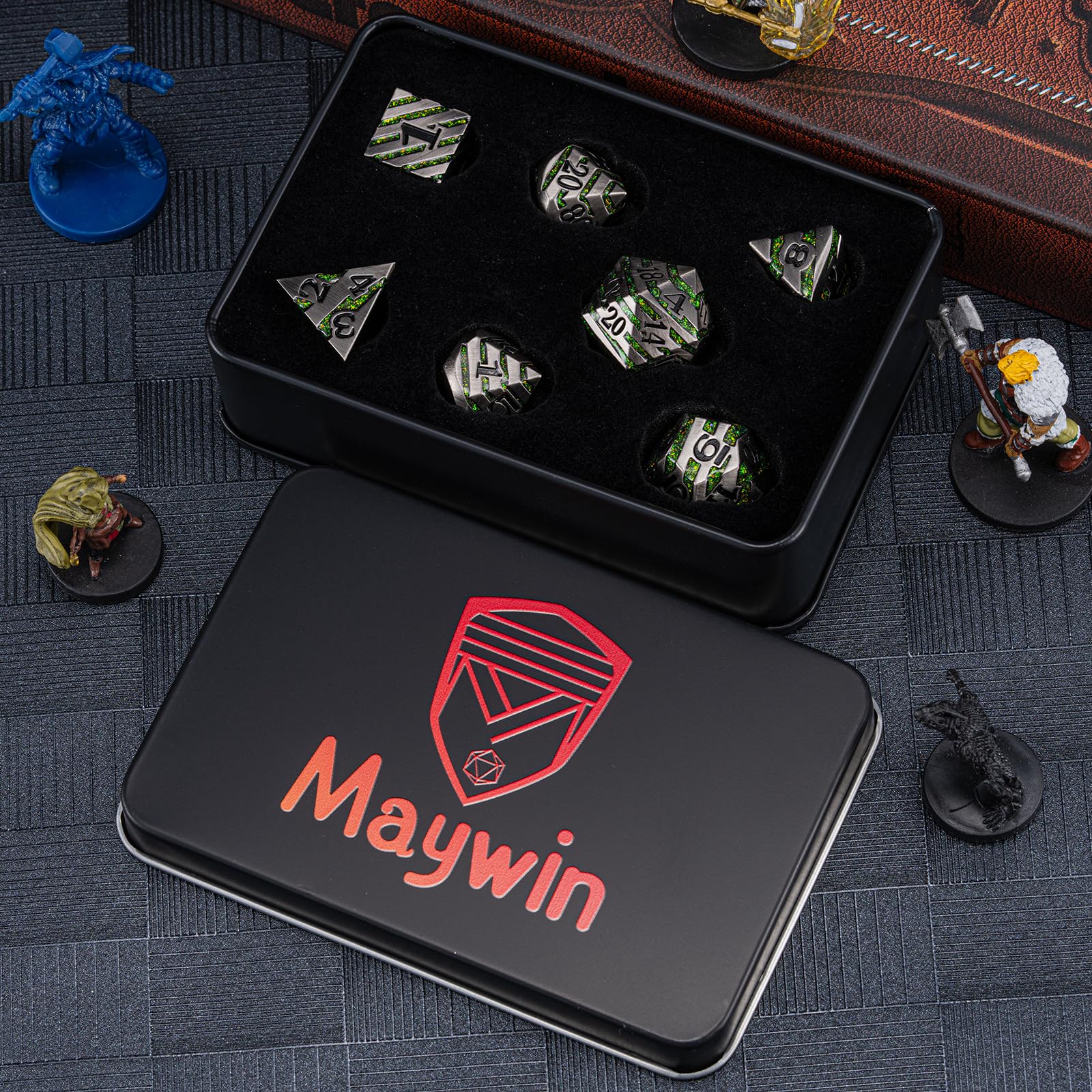 DND - Juego de dados de Dungeons and Dragons D20, dados de rayas metálicas con estuche de regalo, juegos de dados poliédricos para juegos de mesa, dados D&D, MTG, Pathfinder (níquel antiguo, morado