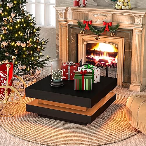 Miniatura 10 de Mesa de centro cuadrada moderna, mesa de cóctel de 2 niveles con iluminación LED y control remoto, mesa central de alto brillo para sala de estar