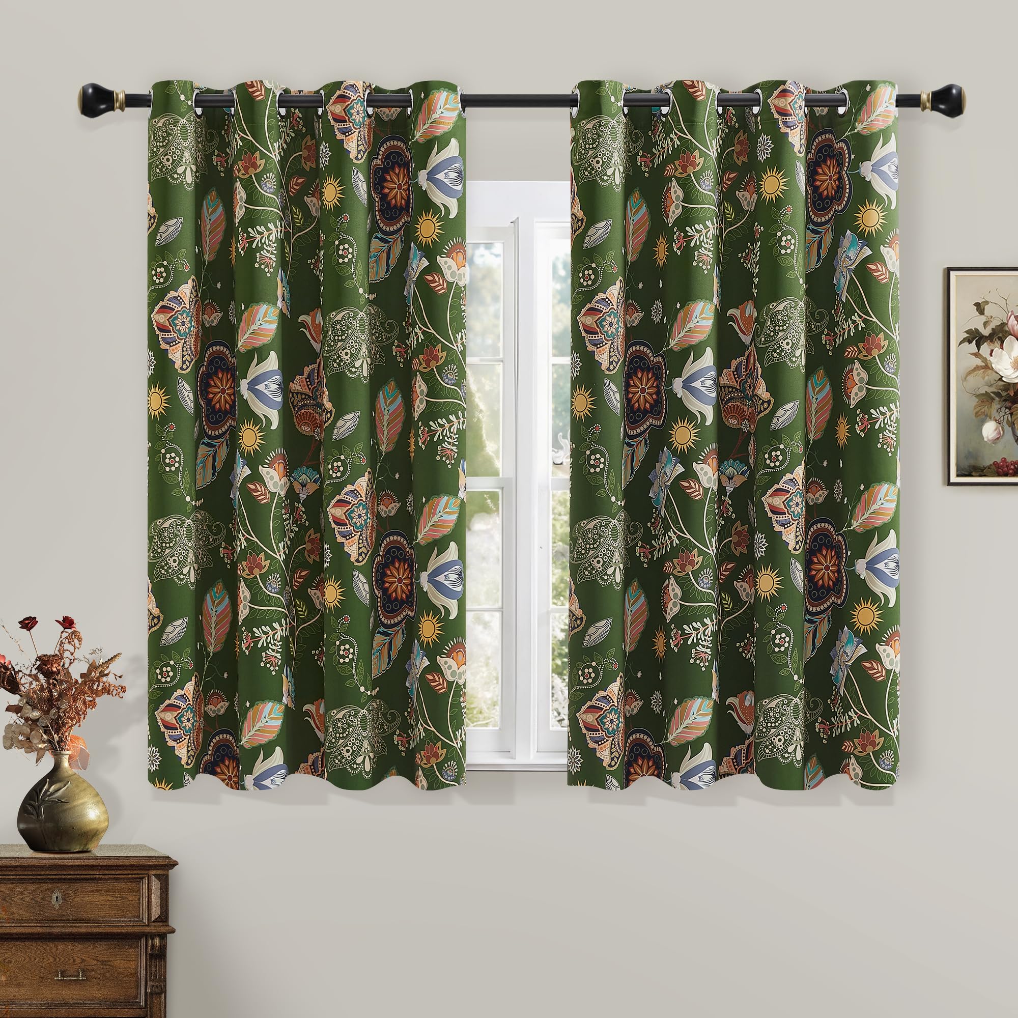 XiDi Green Floral Curtains 63 Inches Long 2 Panels Blackout Thermal Kids Room Vintage Grommet Small Window Moss Green52/63