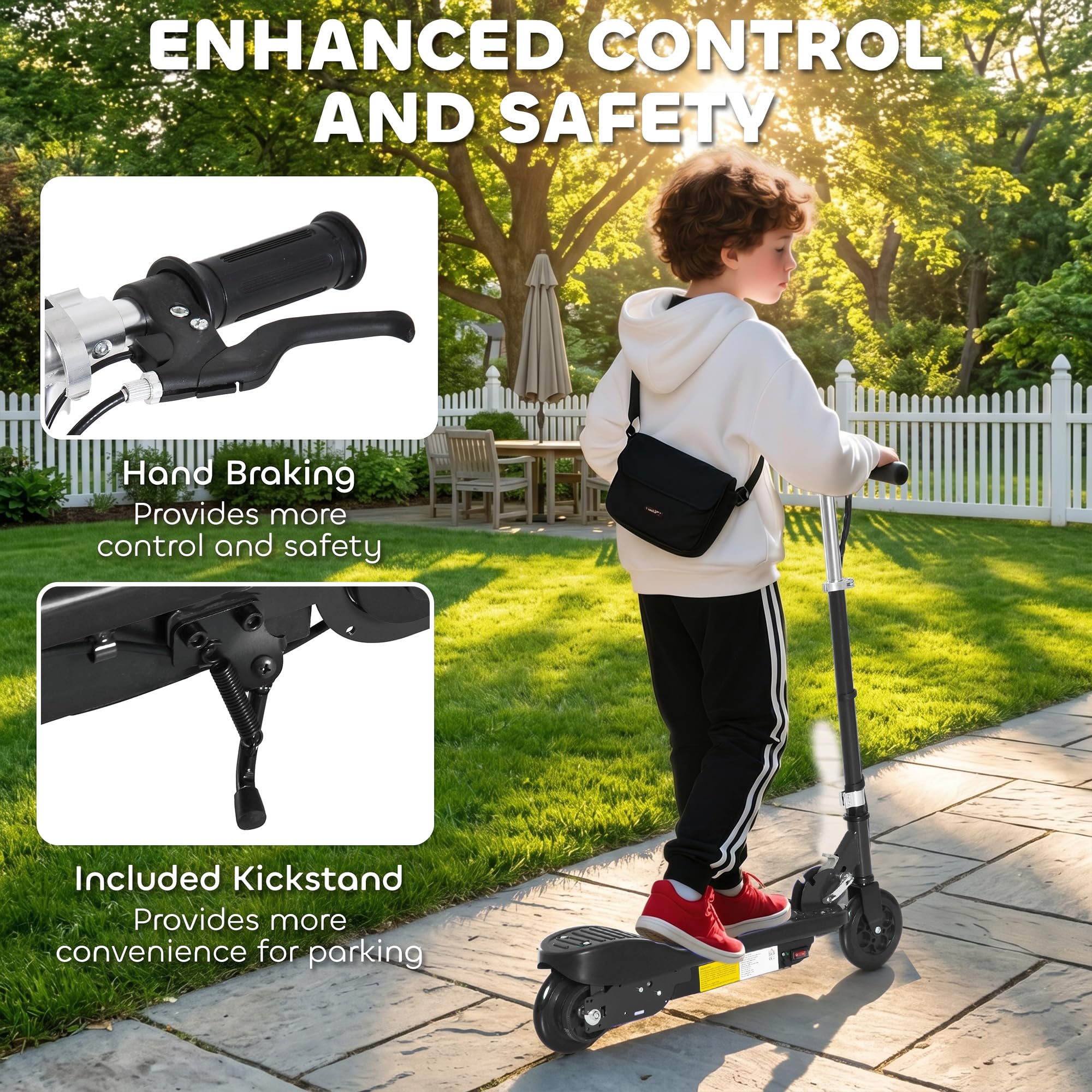HOMCOM Monopattino Elettrico per Bambini Pieghevole 120W, Altezza Regolabile, Scooter per Bambini con Ruote in PU, Freno Posteriore, Velocità Max 12km/h e Portata 50kg, 7-14 Anni, 74x36x69-91 cm, Nero