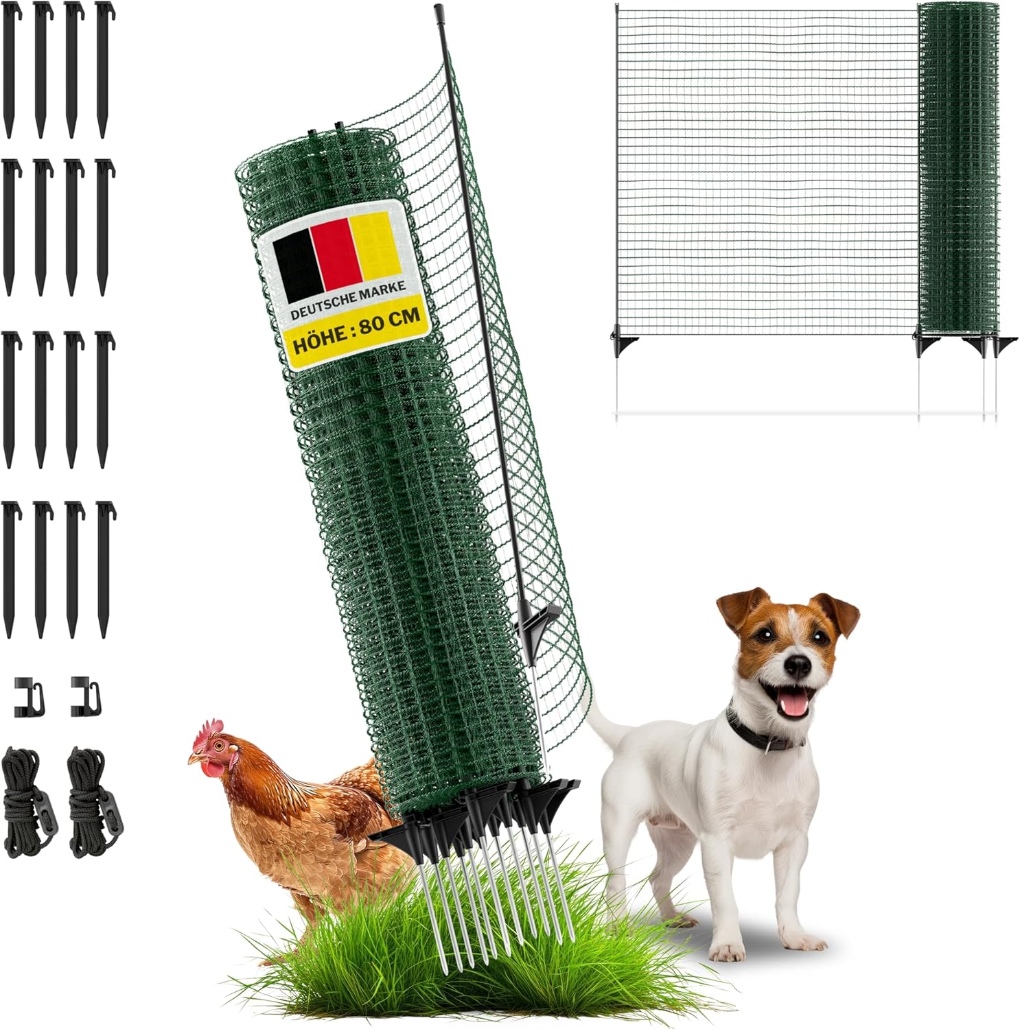 horizont Afgrenzingshek FIX, mobiele omheining, 20 m lang en 80 cm hoog, fijnmazig 17 x 17 mm, 12 glasvezelpalen, bloembedbescherming, tuinnet, ideaal voor camping, hondenhek, afsluithek, insteekhek