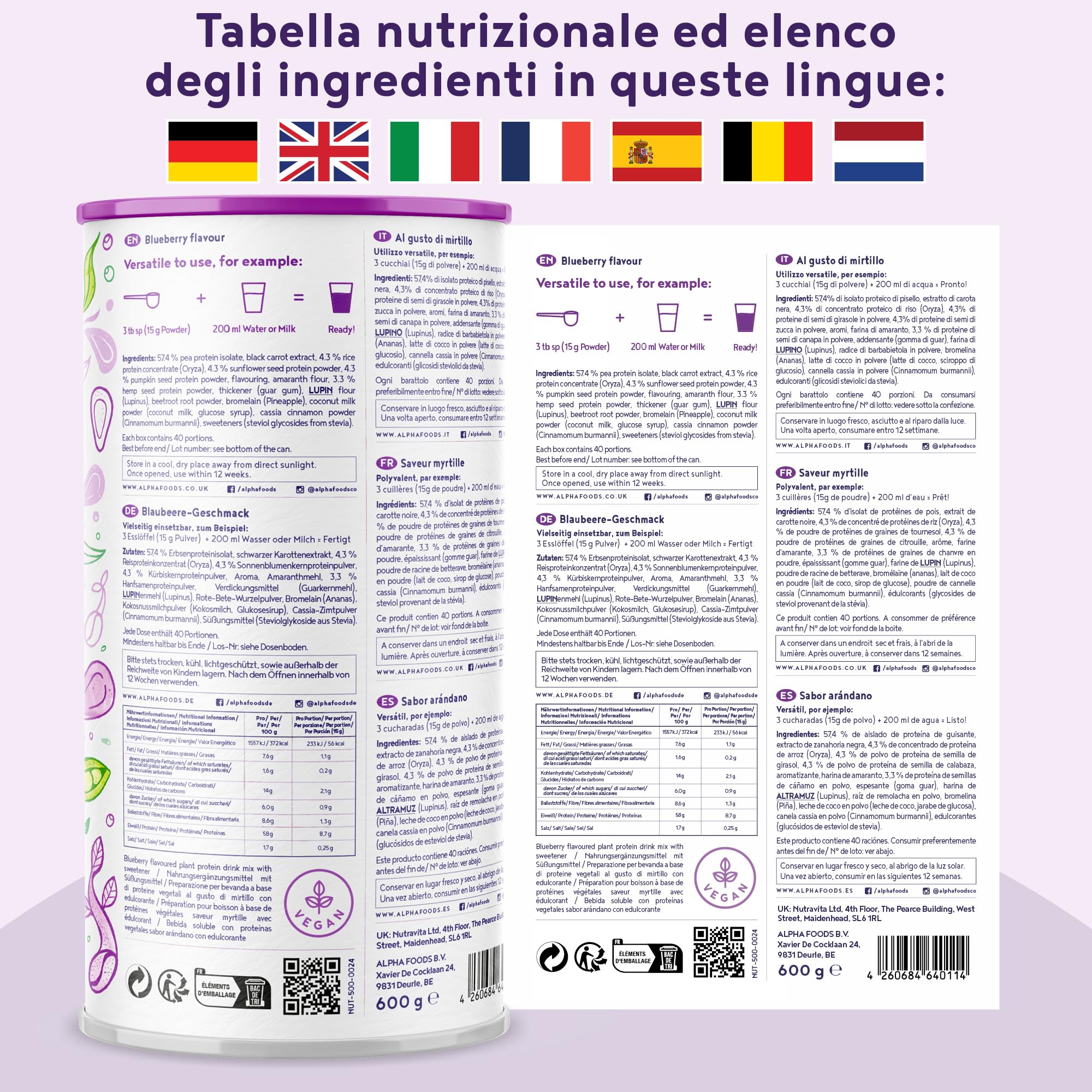 Proteine in Polvere Vegane | Gusto Mirtillo | 17g Proteine | Proteine Vegetali Isolate in Polvere di Pisello, Riso e Girasole | Massa Muscolare | 600g Vegan Protein Powder | Alpha Foods