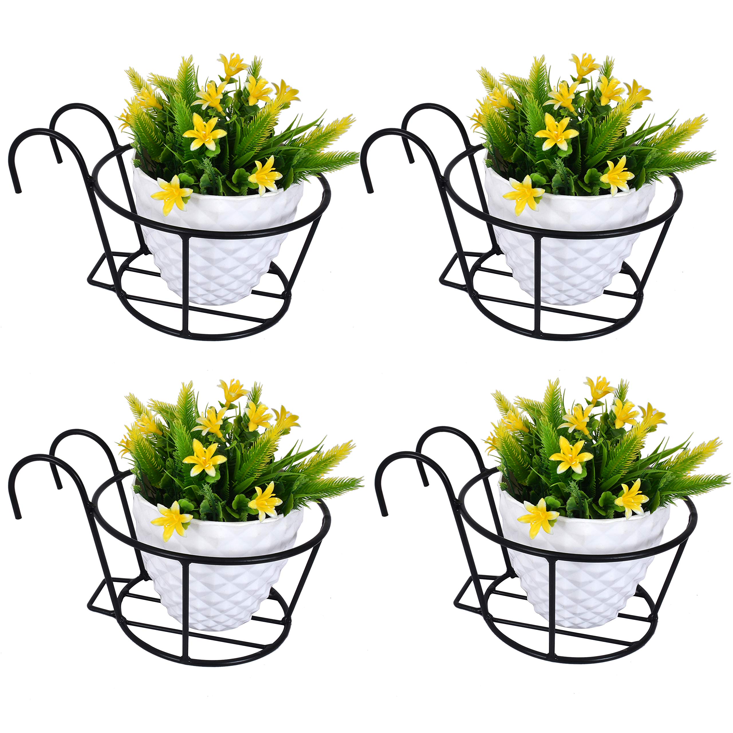 D&V Engineering Hanging Flower Pot Holder Railing Potted Plant Stand for Home Balcony Décor, Black, Set Of 4