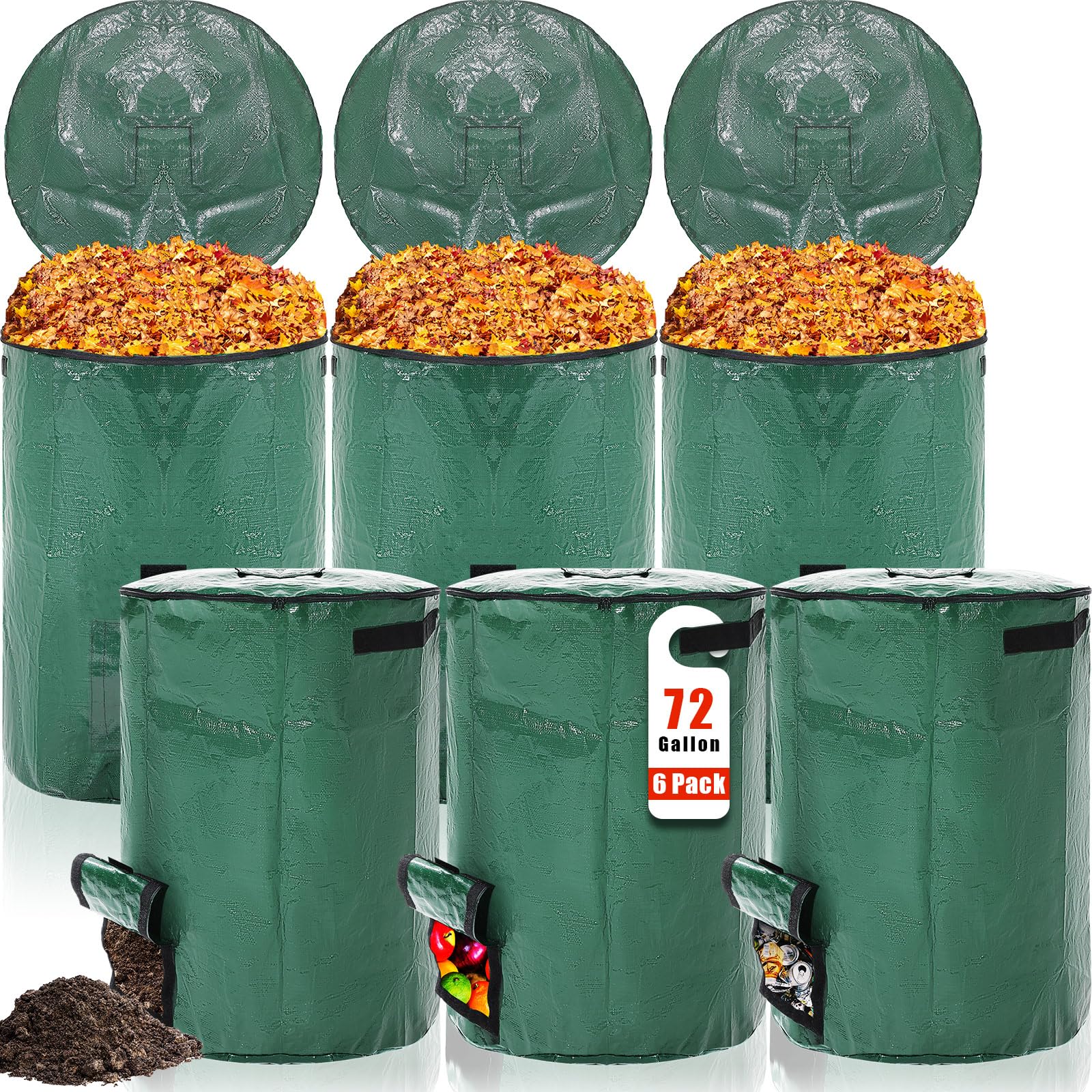 Berlune 6 sacchetti riutilizzabili per rifiuti da giardino, con coperchio e manici, extra large, per raccogliere foglie, resistenti, contenitori per rifiuti da giardino, per esterni, rami e erba