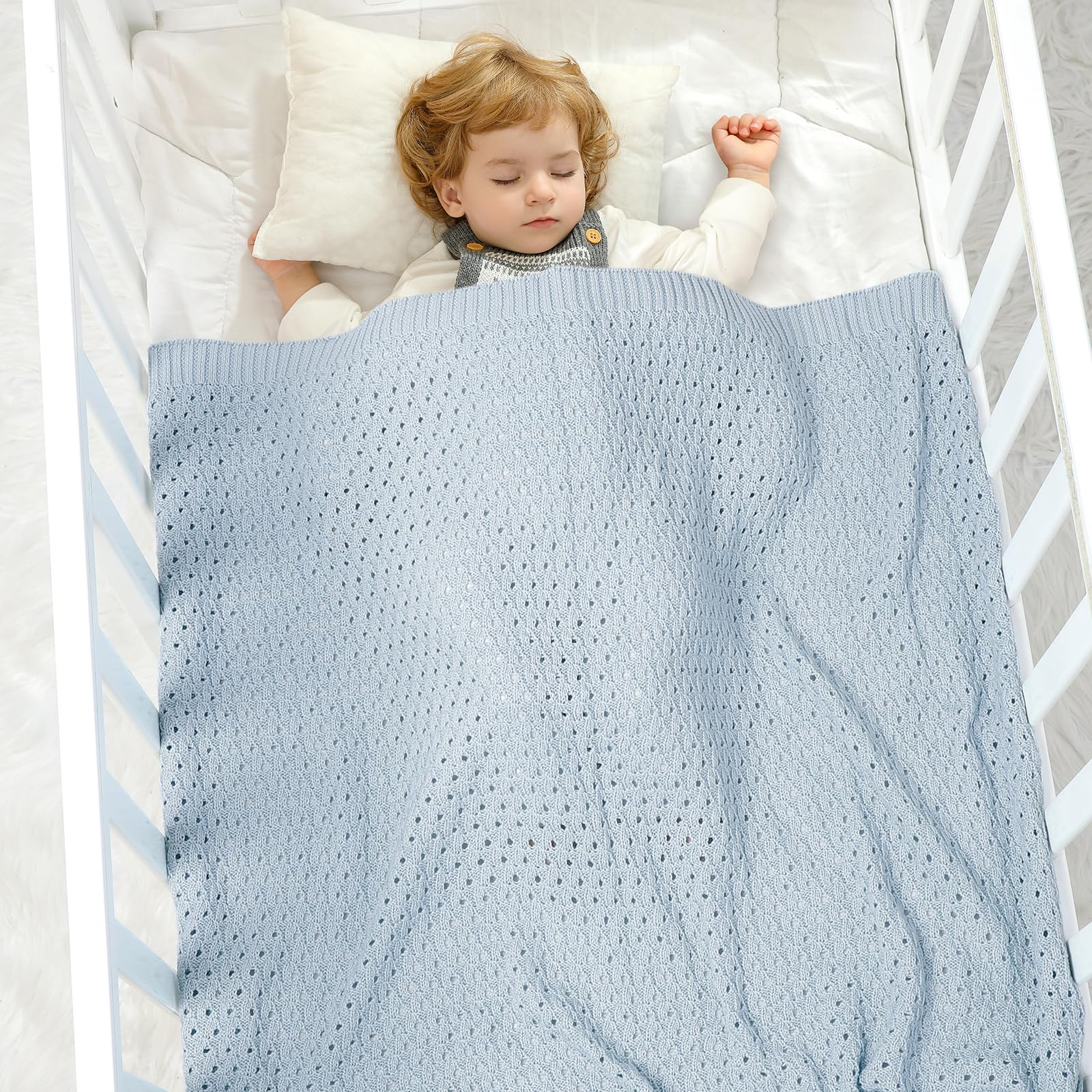 mimixiong 100% Cotton Knitted Cellular Baby Blanket for Boy Girls (Baby Blue) - Image 2