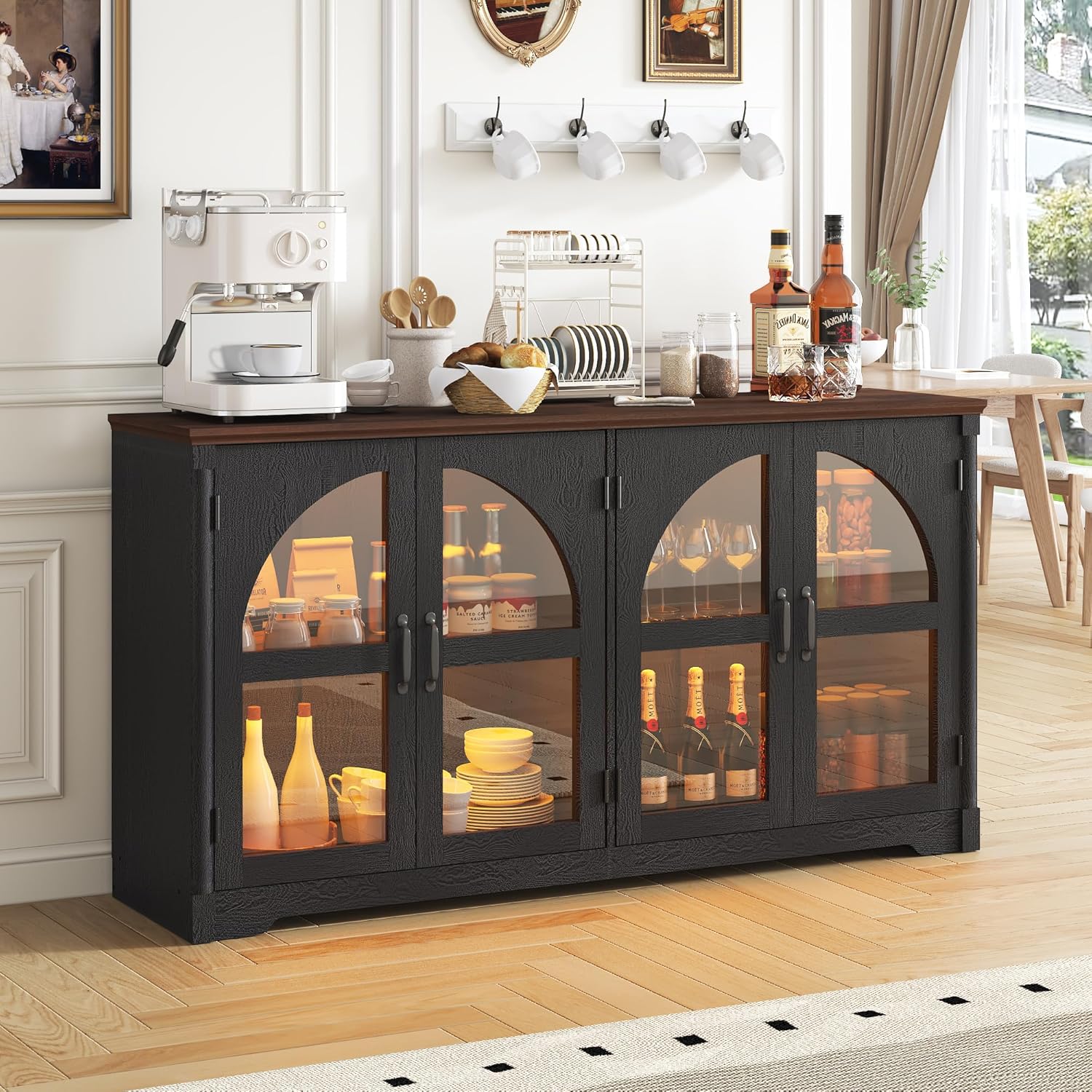 63 Inch Sideboard Buffet Cabinet with Storage Modern Buffet Sideboard with Led Lights and Arched Glass Doors,Kitchen Buffet Cabinet w/Adjustable Shelves for Kitchen,Living Room,Black