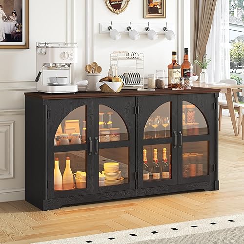 chartustriable 63 Inch Sideboard Buffet Cabinet with Storage Modern Buffet Sideboard with Led Lights and Arched Glass Doors,Kitchen Buffet Cabinet w/Adjustable Shelves for Kitchen,Living Room,Black