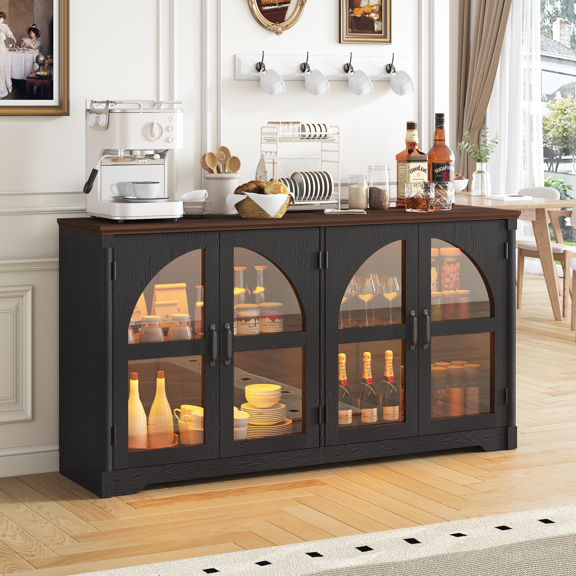 63 Inch Sideboard Buffet Cabinet,Modern Arched Buffet with Led Lights and Glass Doors,Kitchen Buffet Cabinet with Storage Large Curved Cabinets w/Adjustable Shelves for Living Room,Kitchen,Black