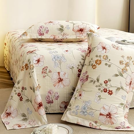 Story@Home King Size Bedsheet | Cloud Cotton Flatsheet King Size with Two Pillow Covers| 300 TC | Super Soft Bed Sheet for King Size Bed | Floral Design (270 x 250 cm, Off White & Red)