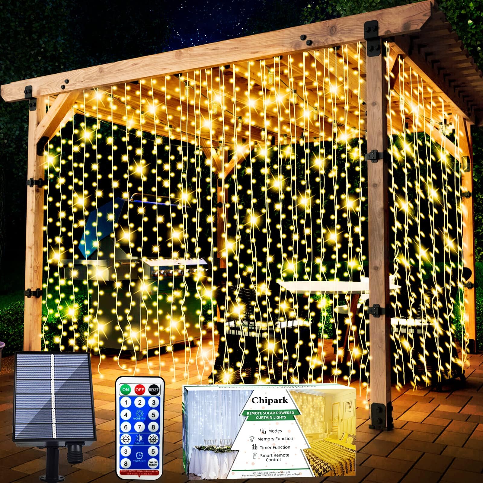 Chipark Solar Curtain Lights, Upgraded Garden Fairy Lights 300 LED 8