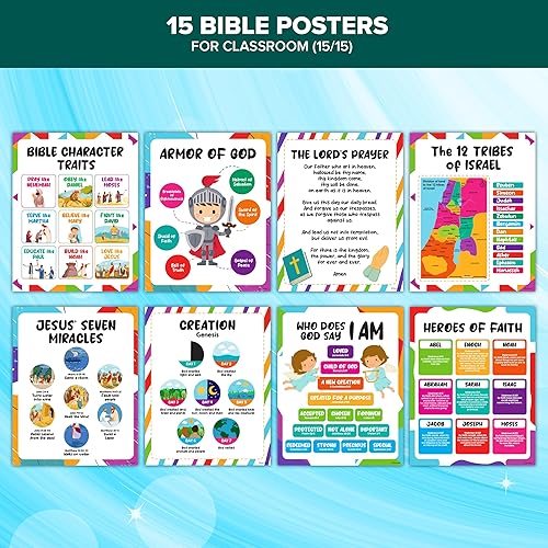 Miniatura 4 de Decorably 15 vibrantes pósteres bíblicos para el aula de niños, educativos, decoración laminada mate de 11 x 14 pulgadas, para la escuela, pasillos,